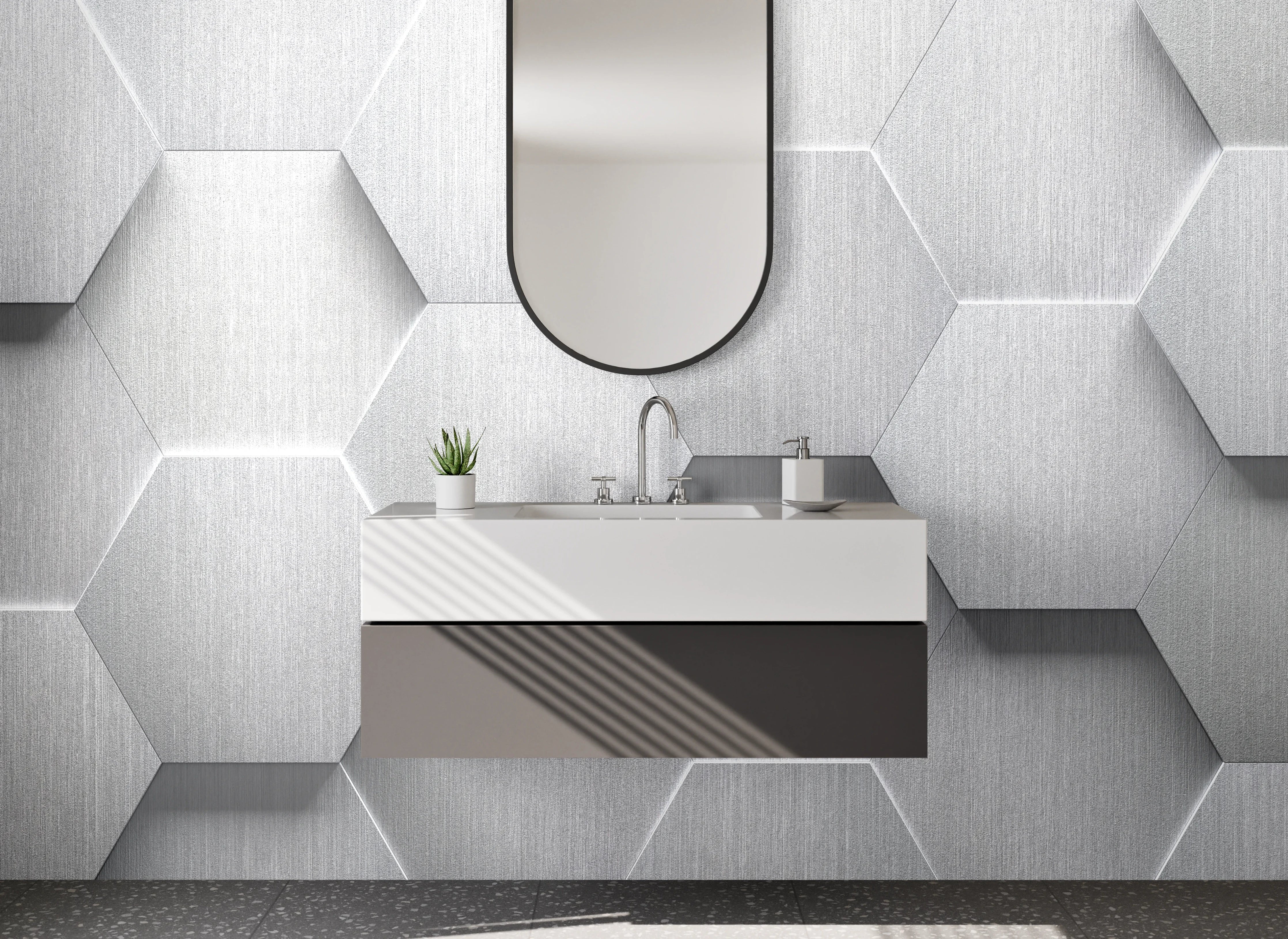 Waschbecken-Rückwand - Hexagon Muster Weiß Grau Metallic