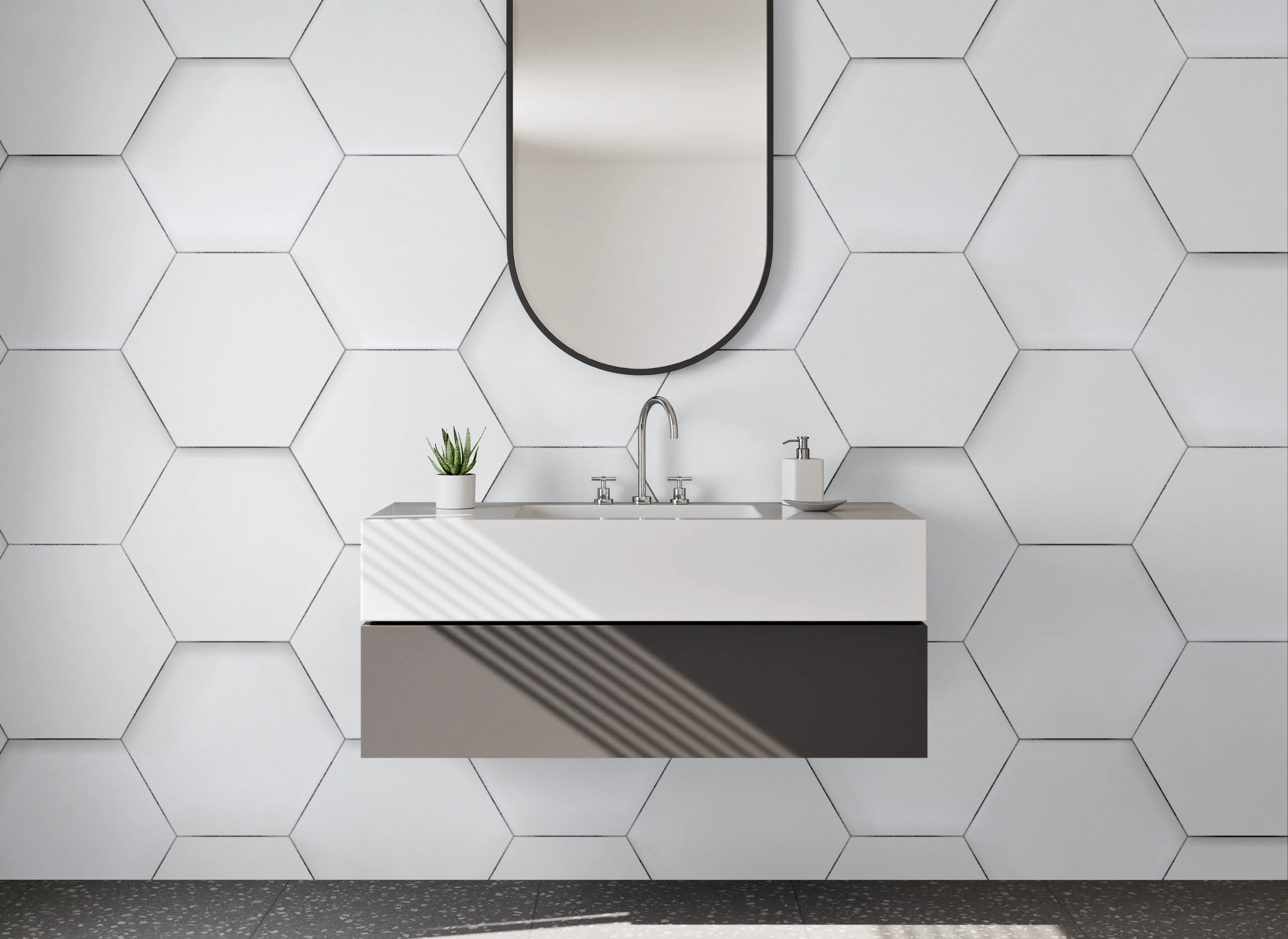 Waschbecken-Rückwand - Hexagon Muster Weiß-Grau minimalistisch