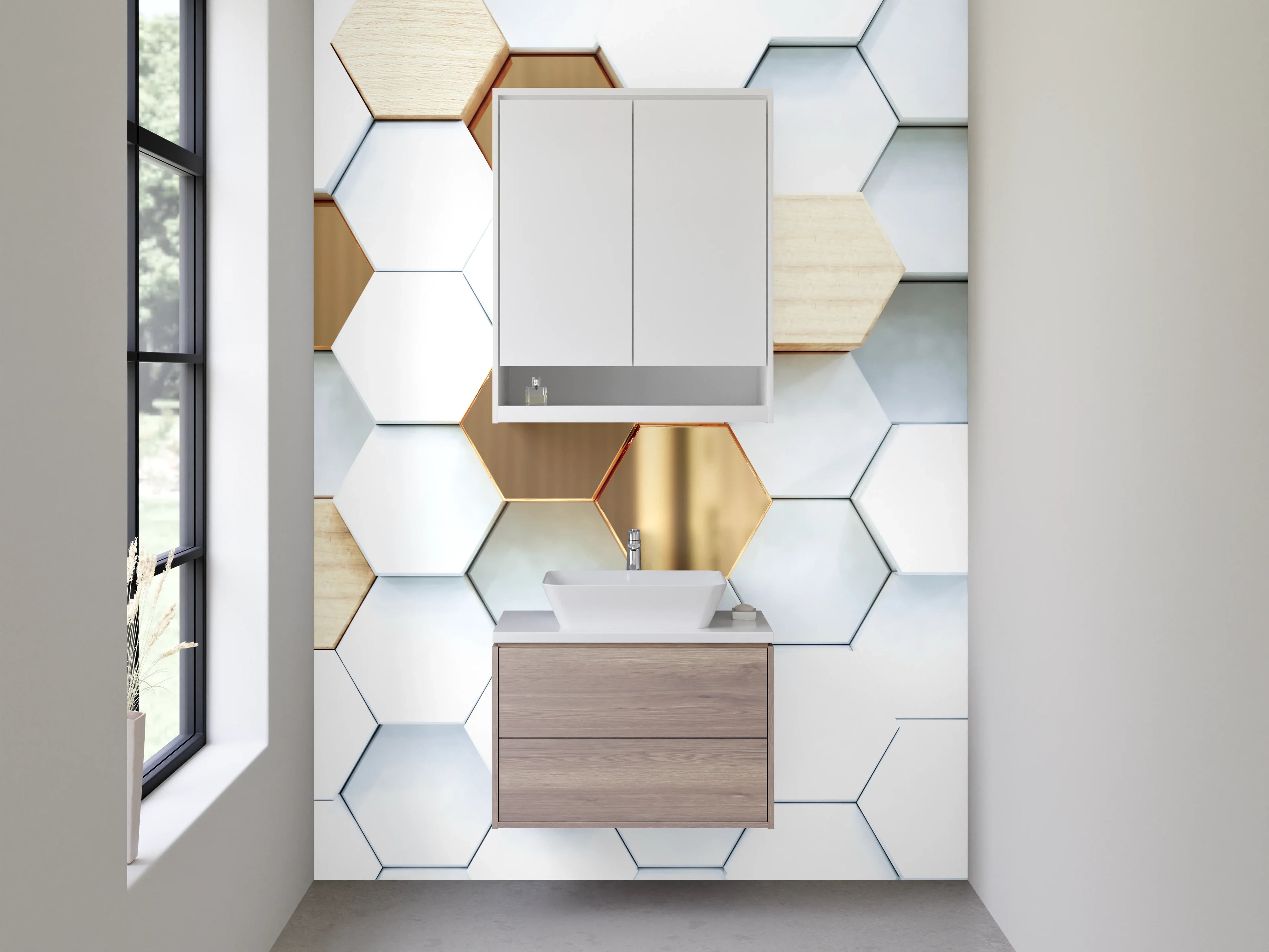 Waschbecken-Rückwand - Hexagon-Muster in Marmor und Gold