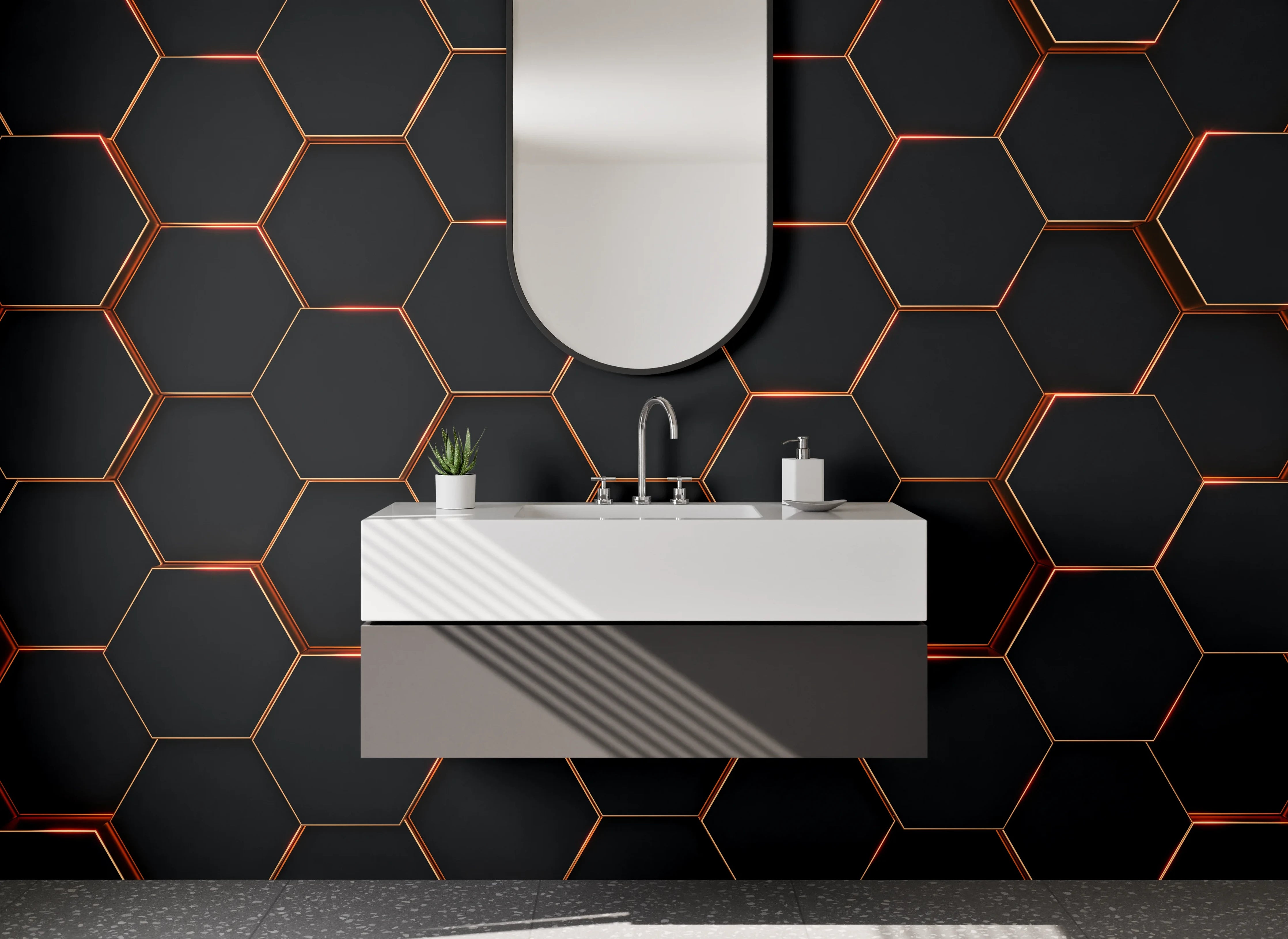 Waschbecken-Rückwand - Hexagon Muster in Schwarz Metallic