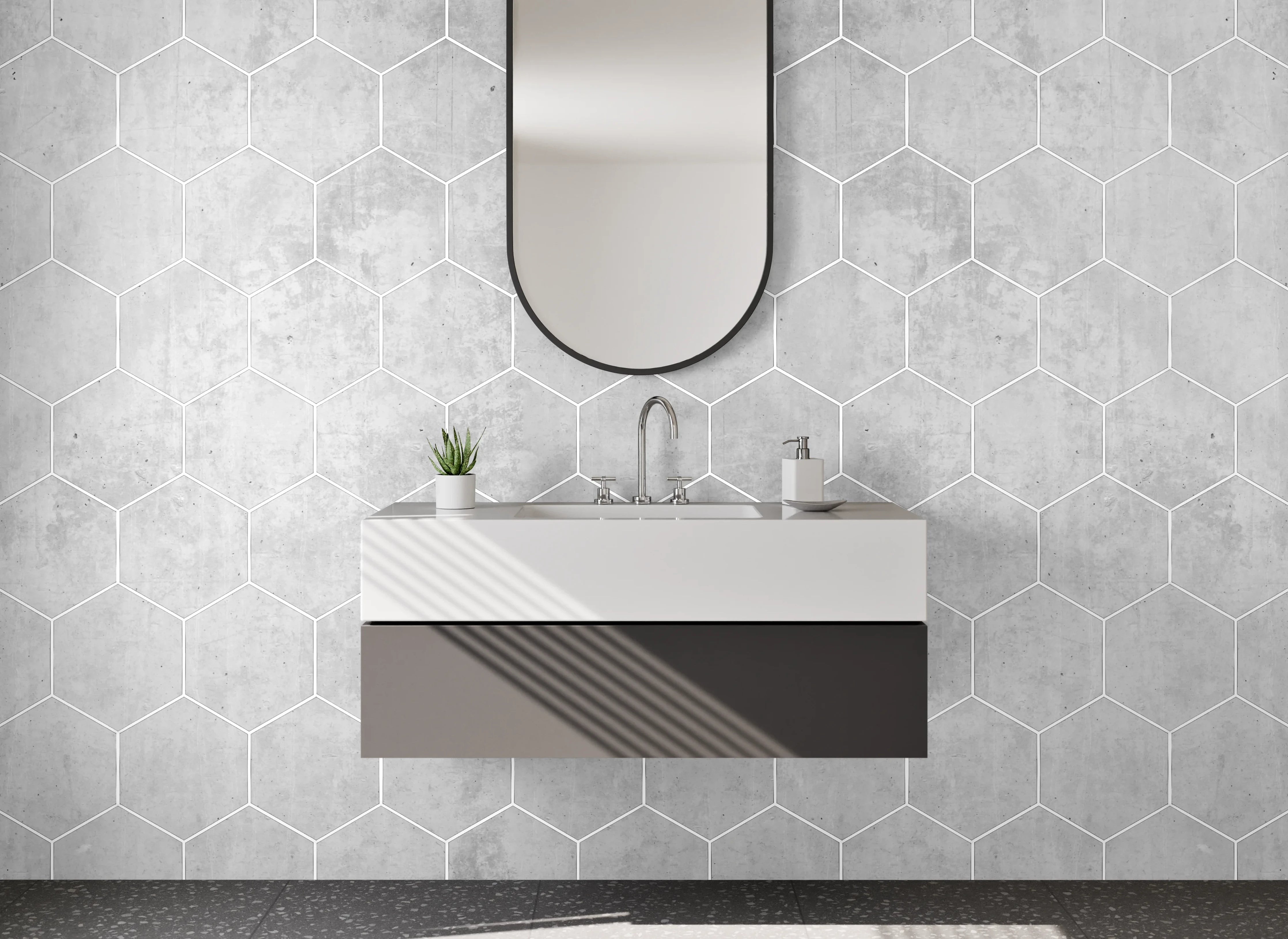 Waschbecken-Rückwand - Hexagon Muster in Weiß und Grau