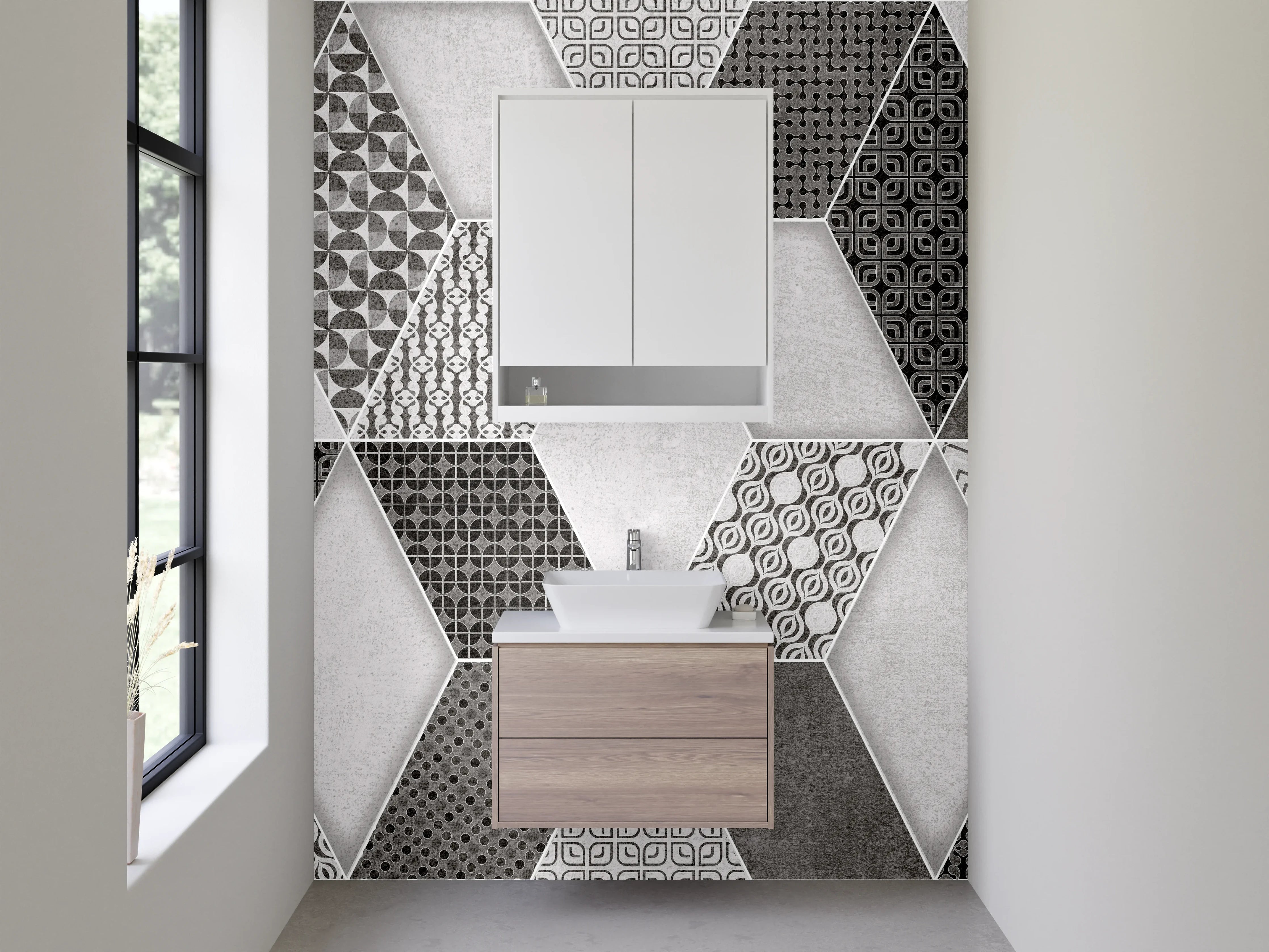 Waschbecken-Rückwand - Hexagon-Optik Fliesen Schwarz-Weiß Muster