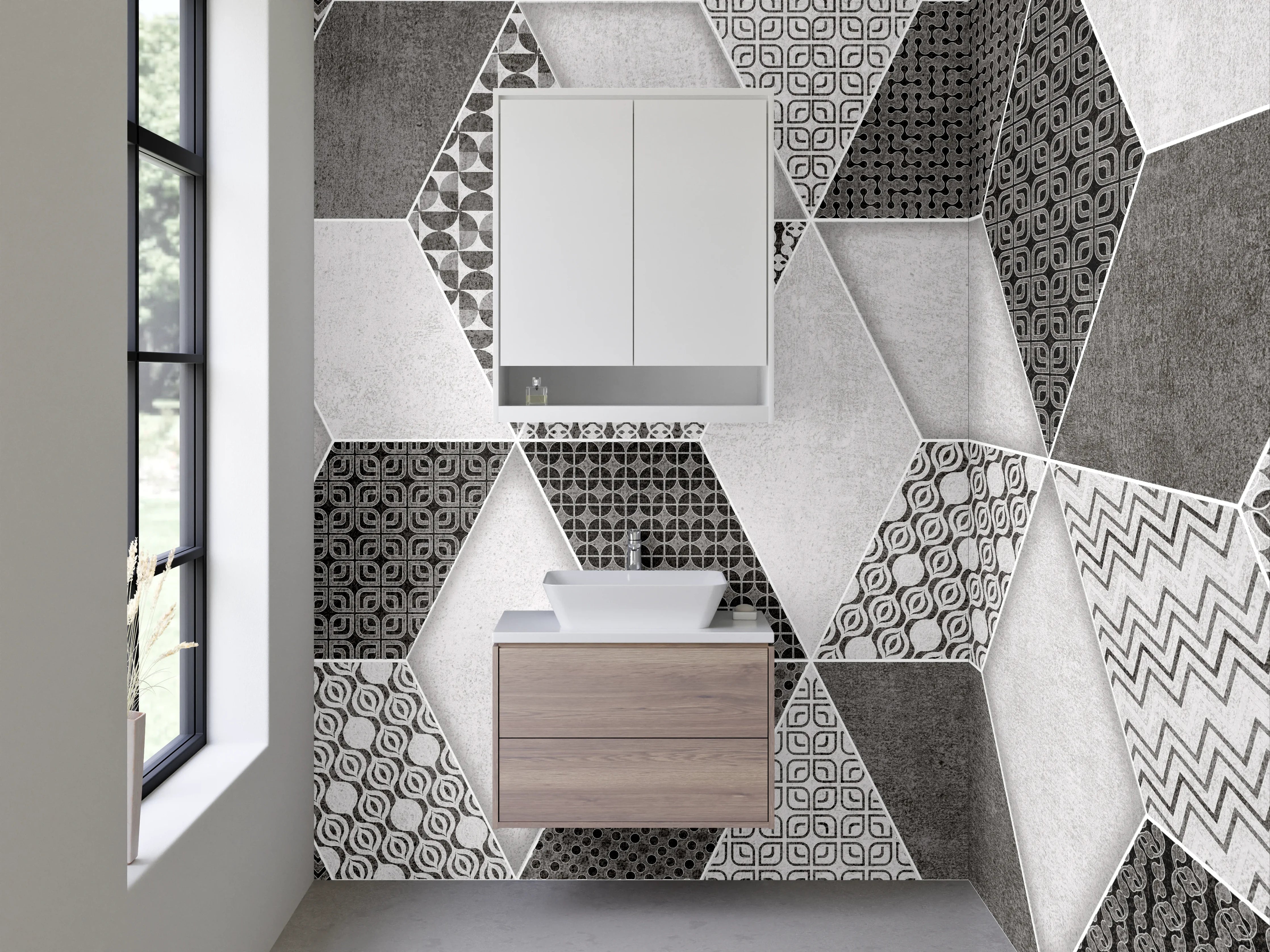 Waschbecken-Rückwand - Hexagon-Optik Fliesen Schwarz-Weiß Muster