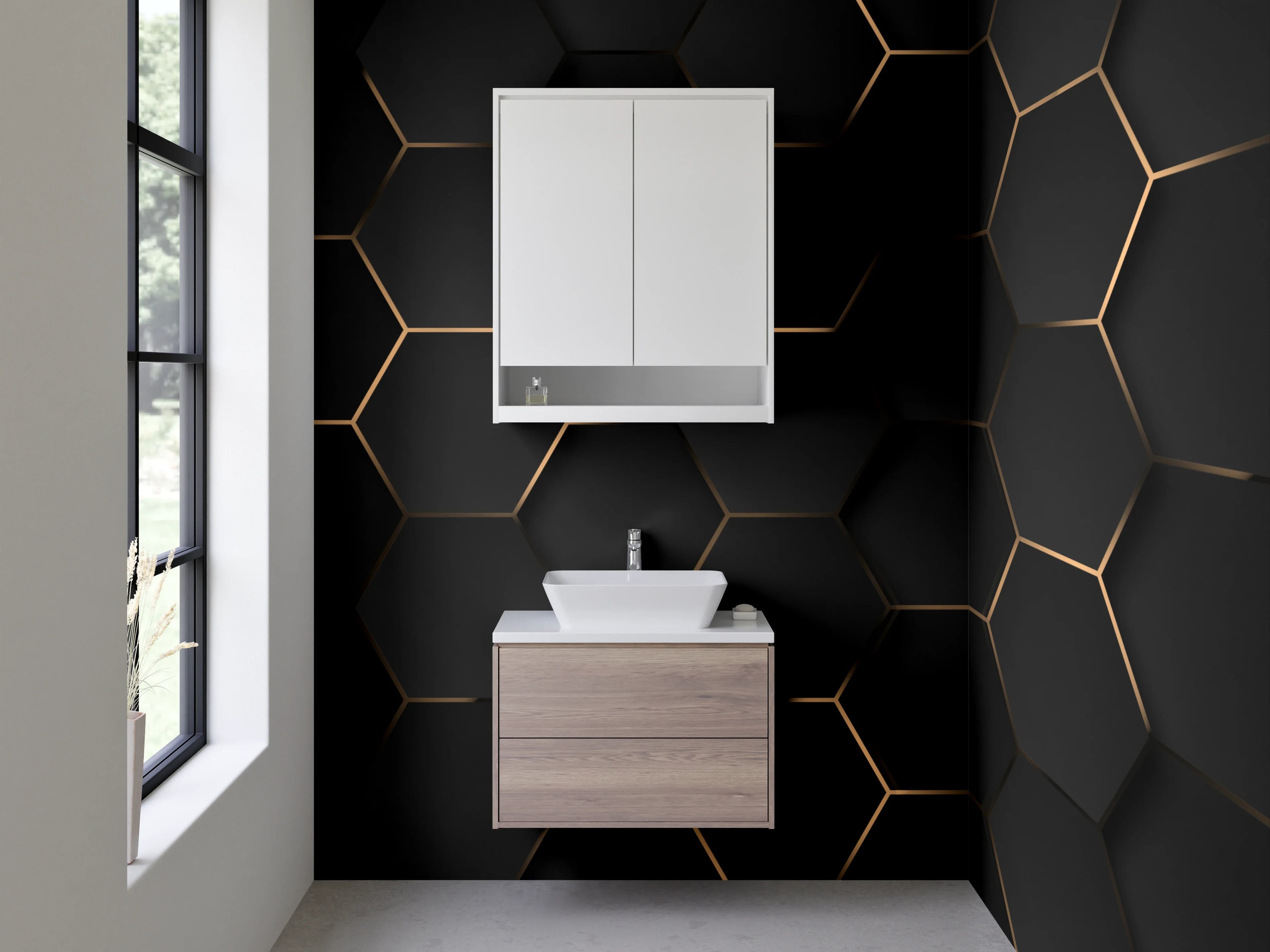 Waschbecken-Rückwand - Hexagon Schwarz-Gold 3D-Optik