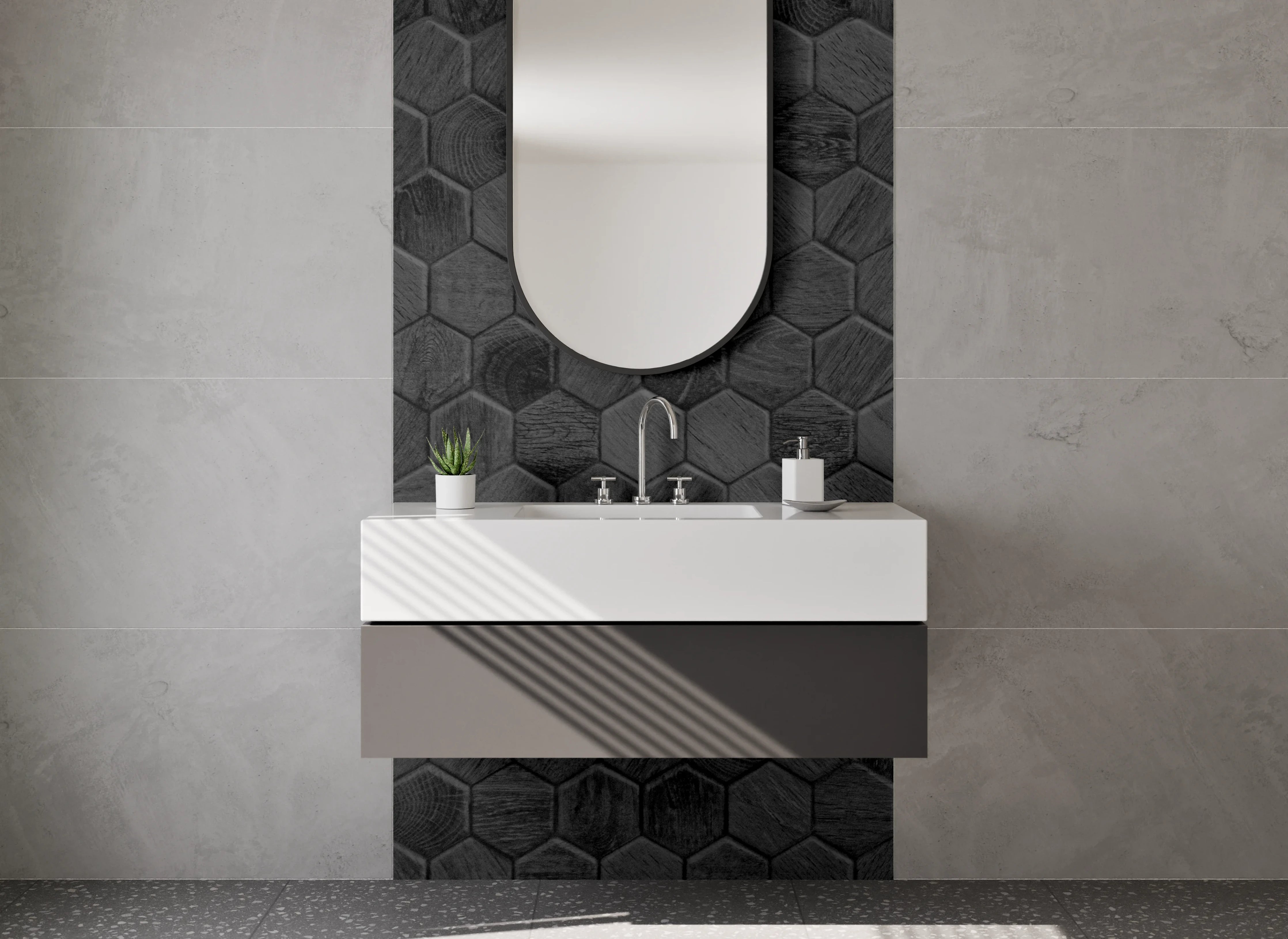 Waschbecken-Rückwand - Hexagon Schwarzgrau Muster Fliesenoptik