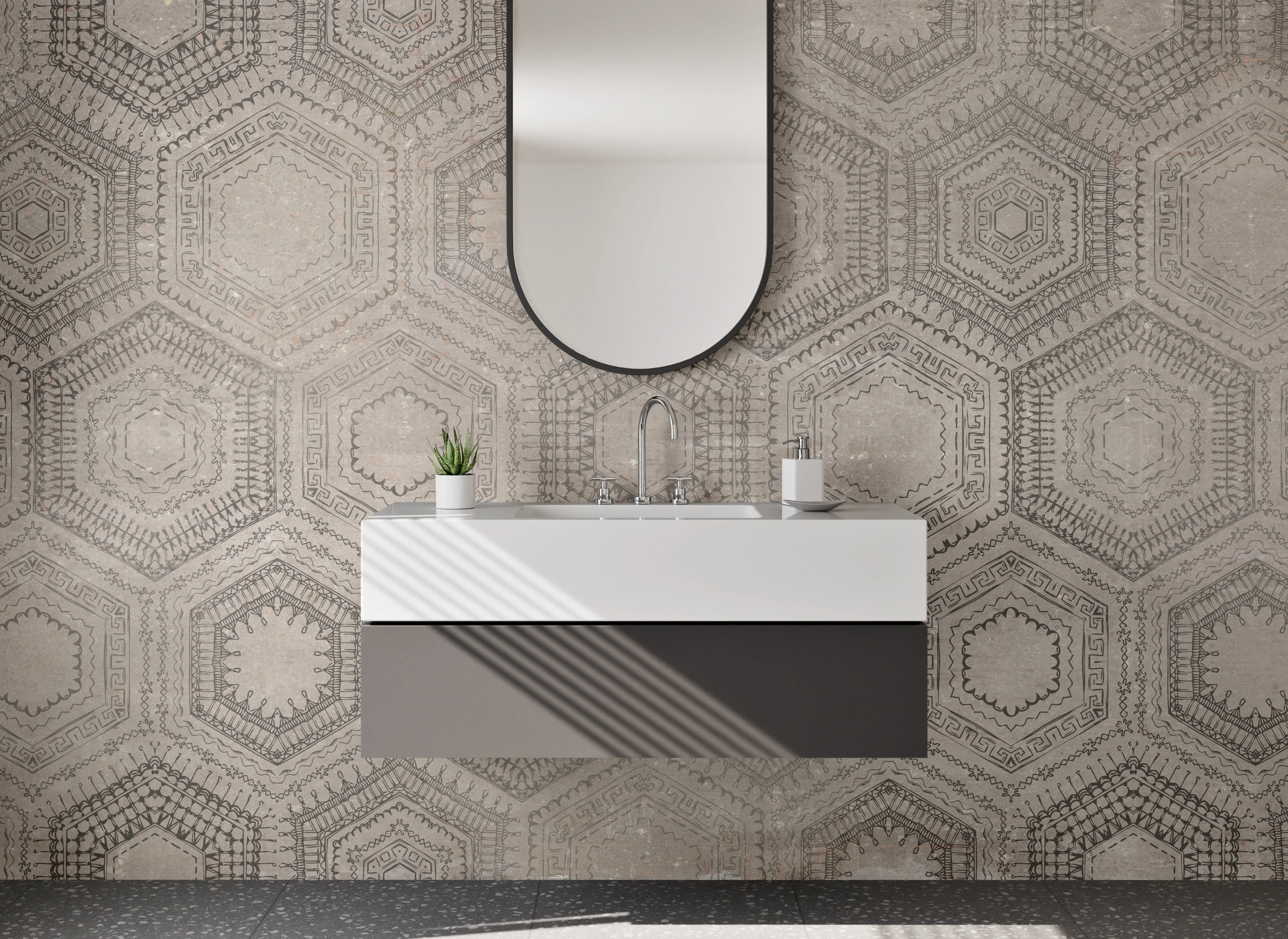 Waschbecken-Rückwand - Hexagon Vintage Muster Betonoptik