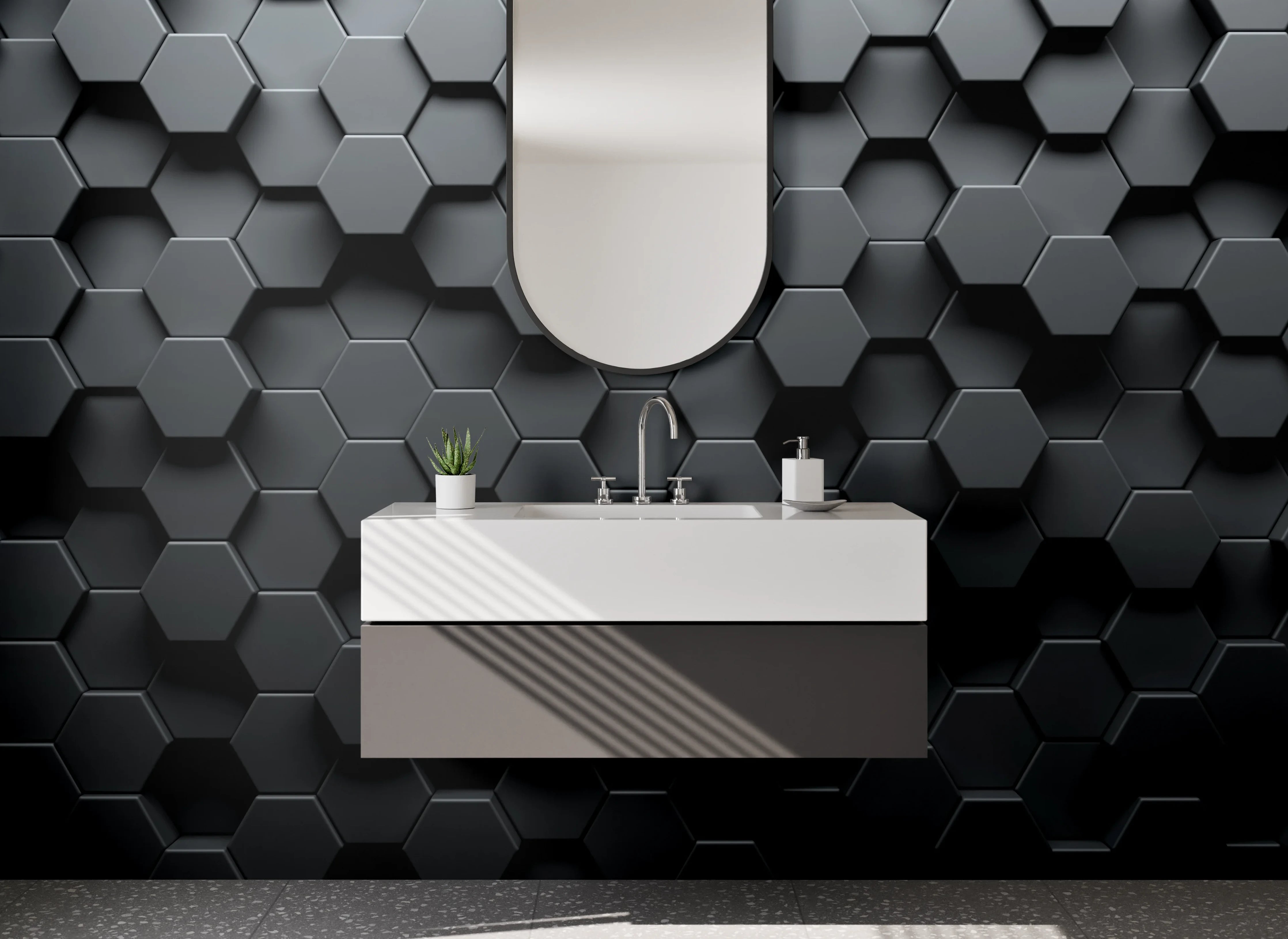 Waschbecken-Rückwand - Hexagon Wabenmuster Schwarz Metallic