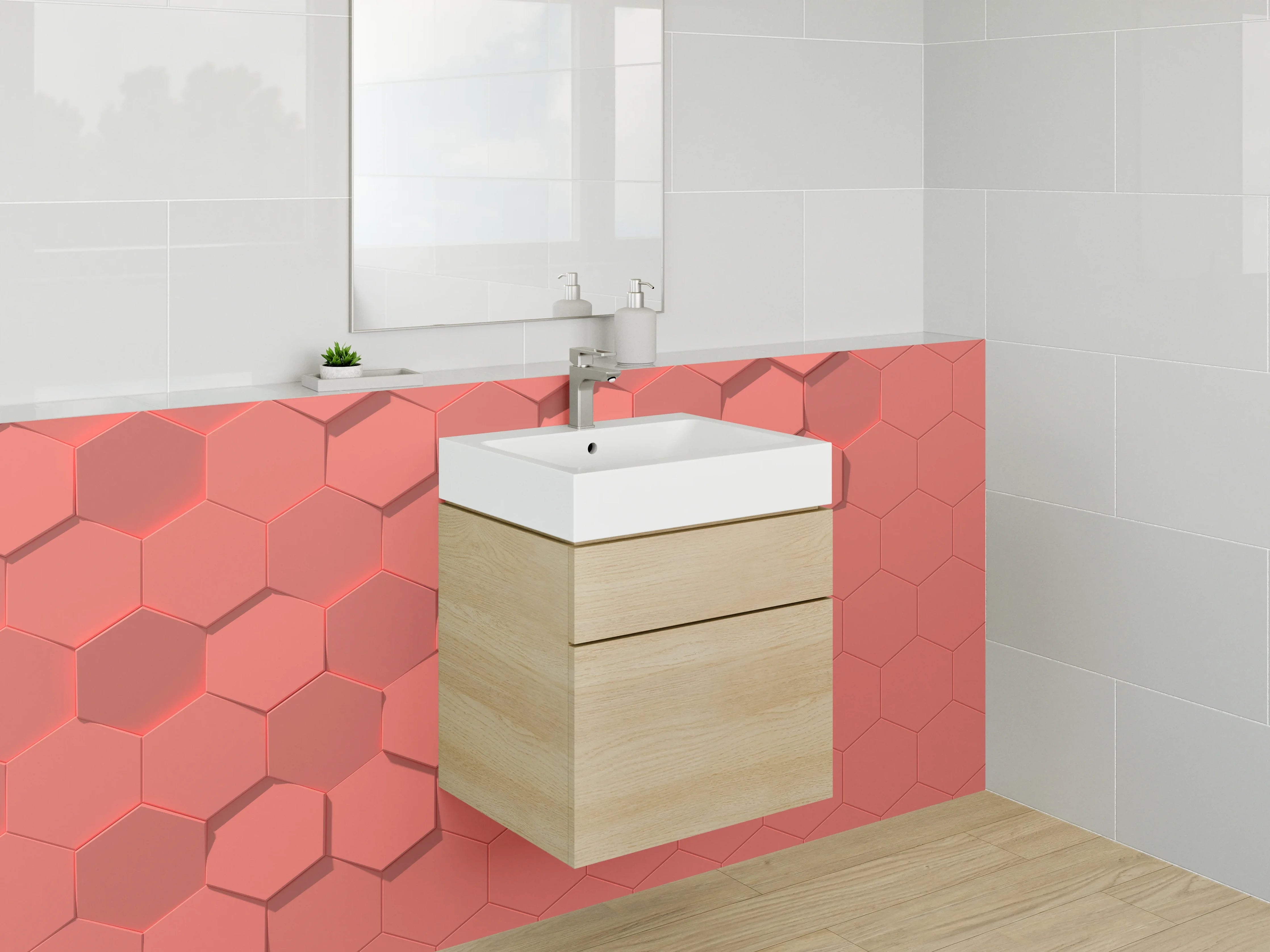 Waschbecken-Rückwand - Hexagon Wabenmuster in Lachsrosa