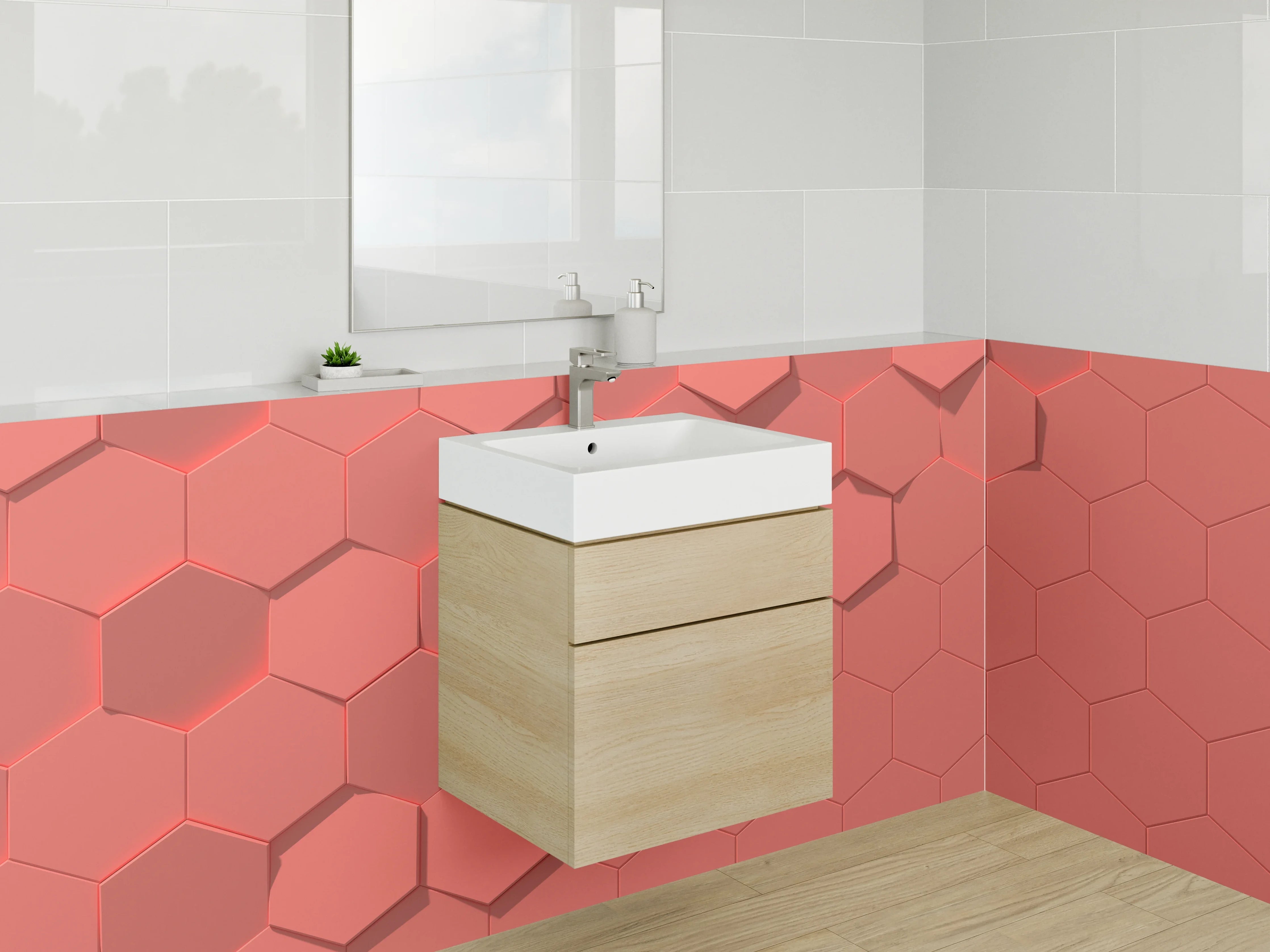 Waschbecken-Rückwand - Hexagon Wabenmuster in Lachsrosa