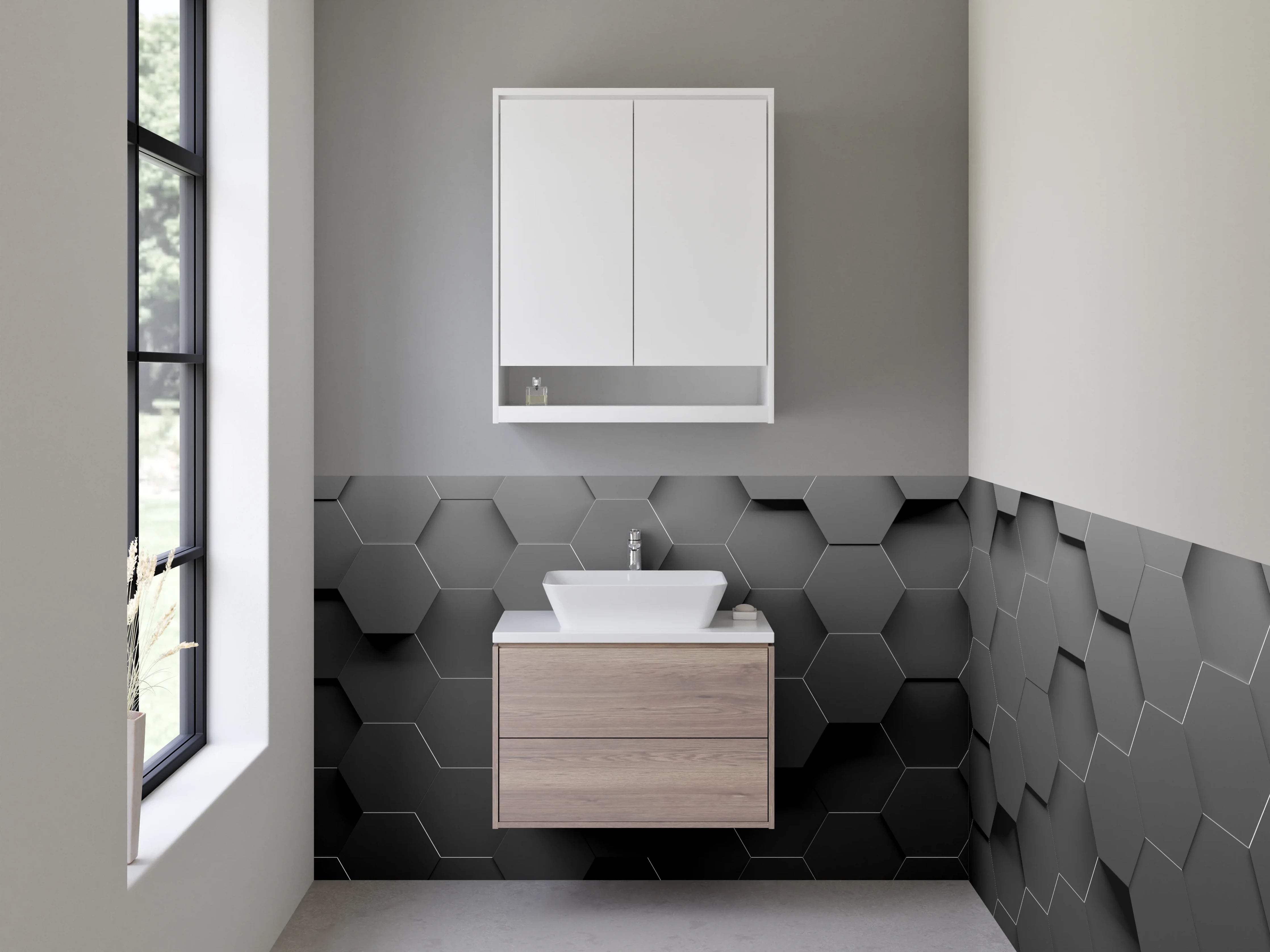 Waschbecken-Rückwand - Hexagon Wandmuster Schwarz Grau Modern