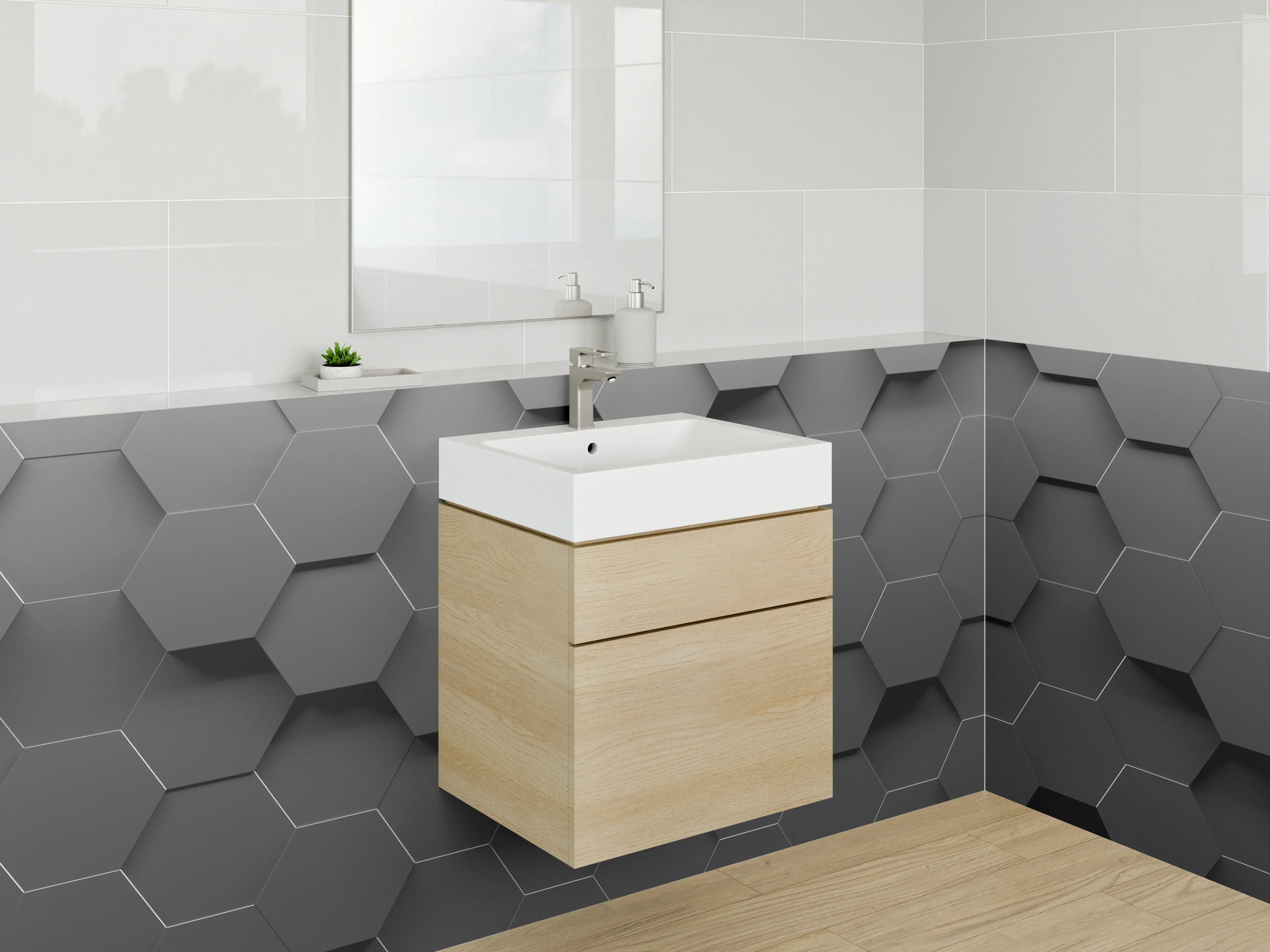 Waschbecken-Rückwand - Hexagon Wandmuster Schwarz Grau Modern