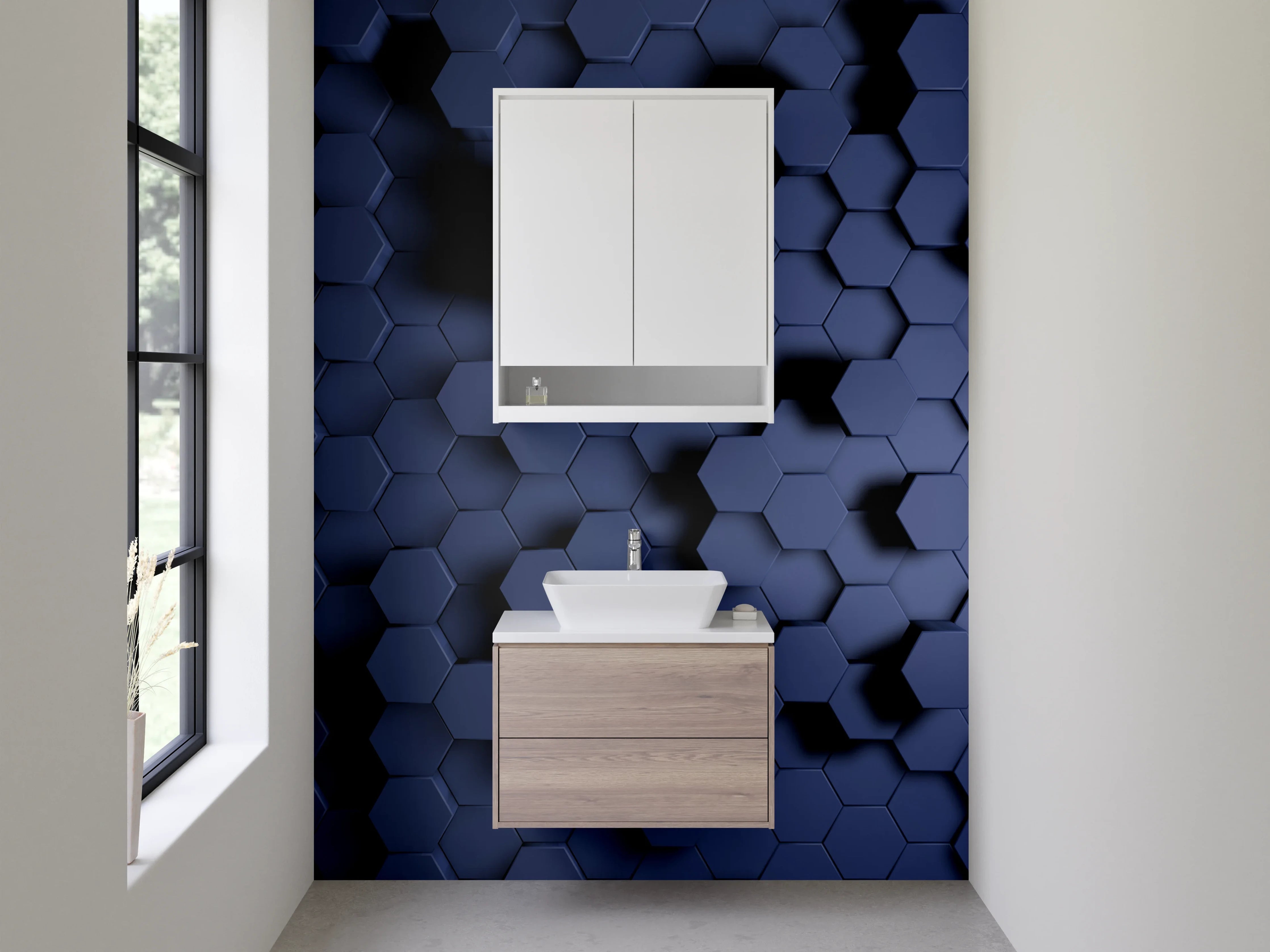 Waschbecken-Rückwand - Hexagonale 3D-Optik in Blau