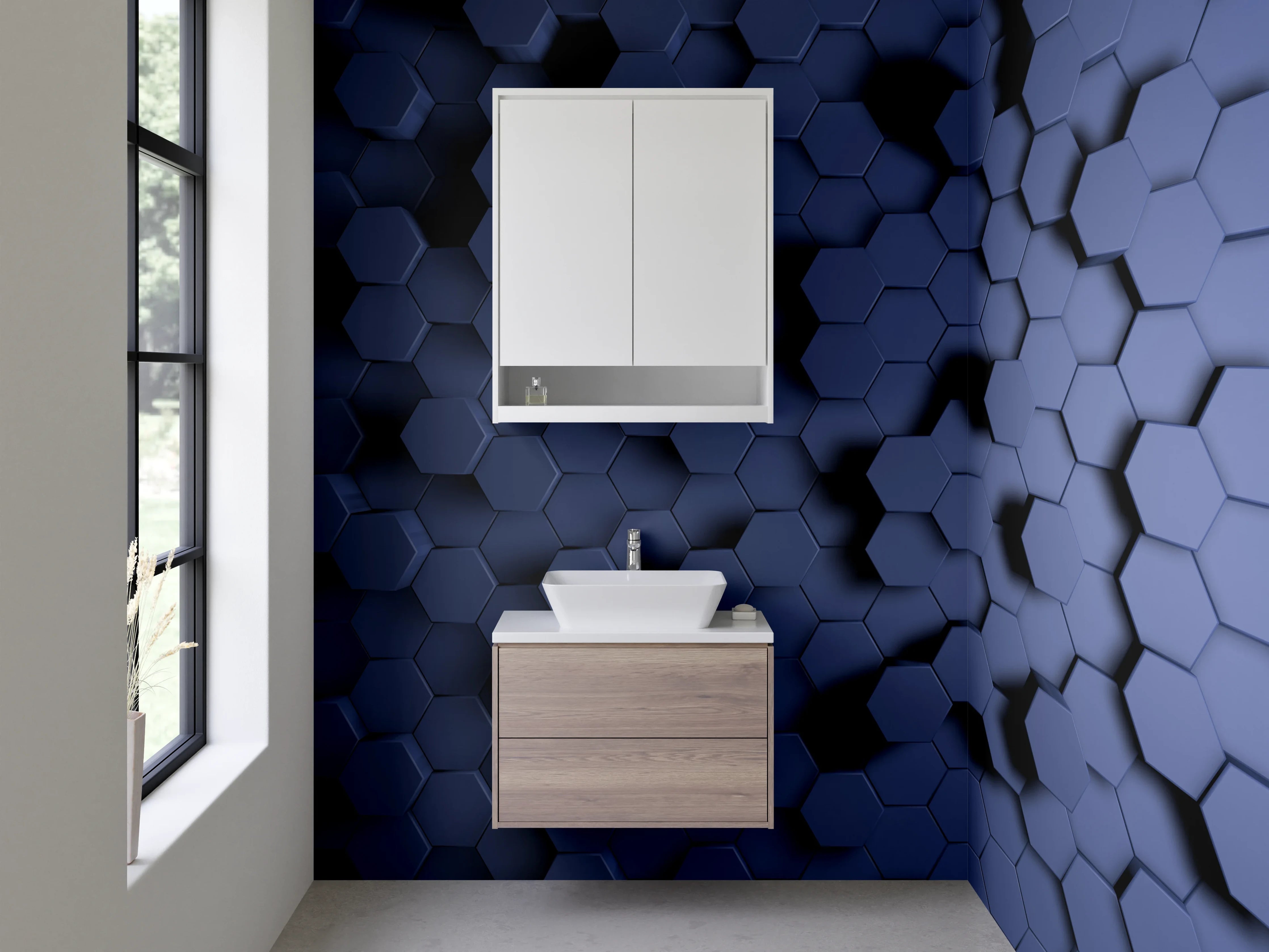 Waschbecken-Rückwand - Hexagonale 3D-Optik in Blau