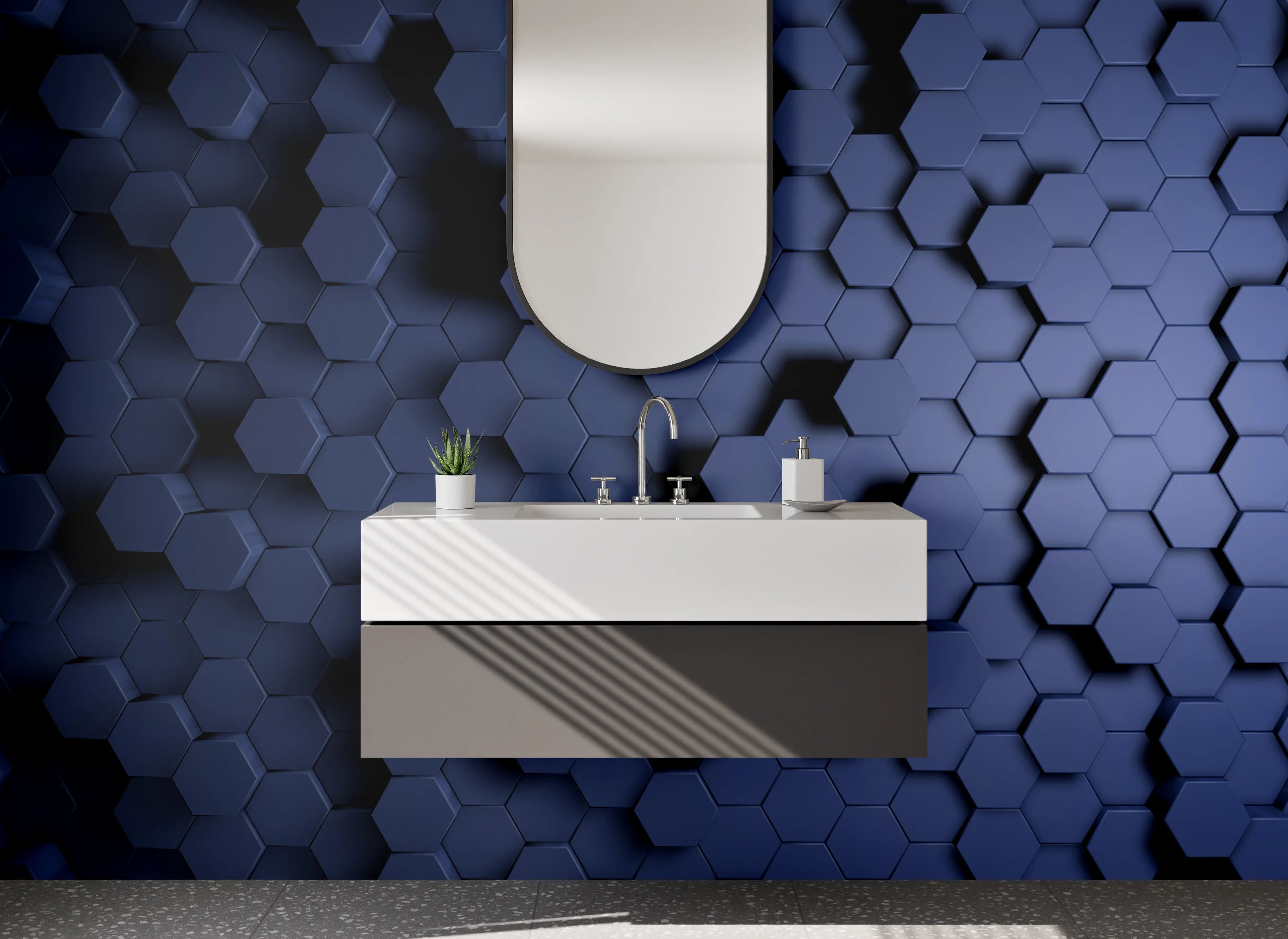 Waschbecken-Rückwand - Hexagonale 3D-Optik in Blau