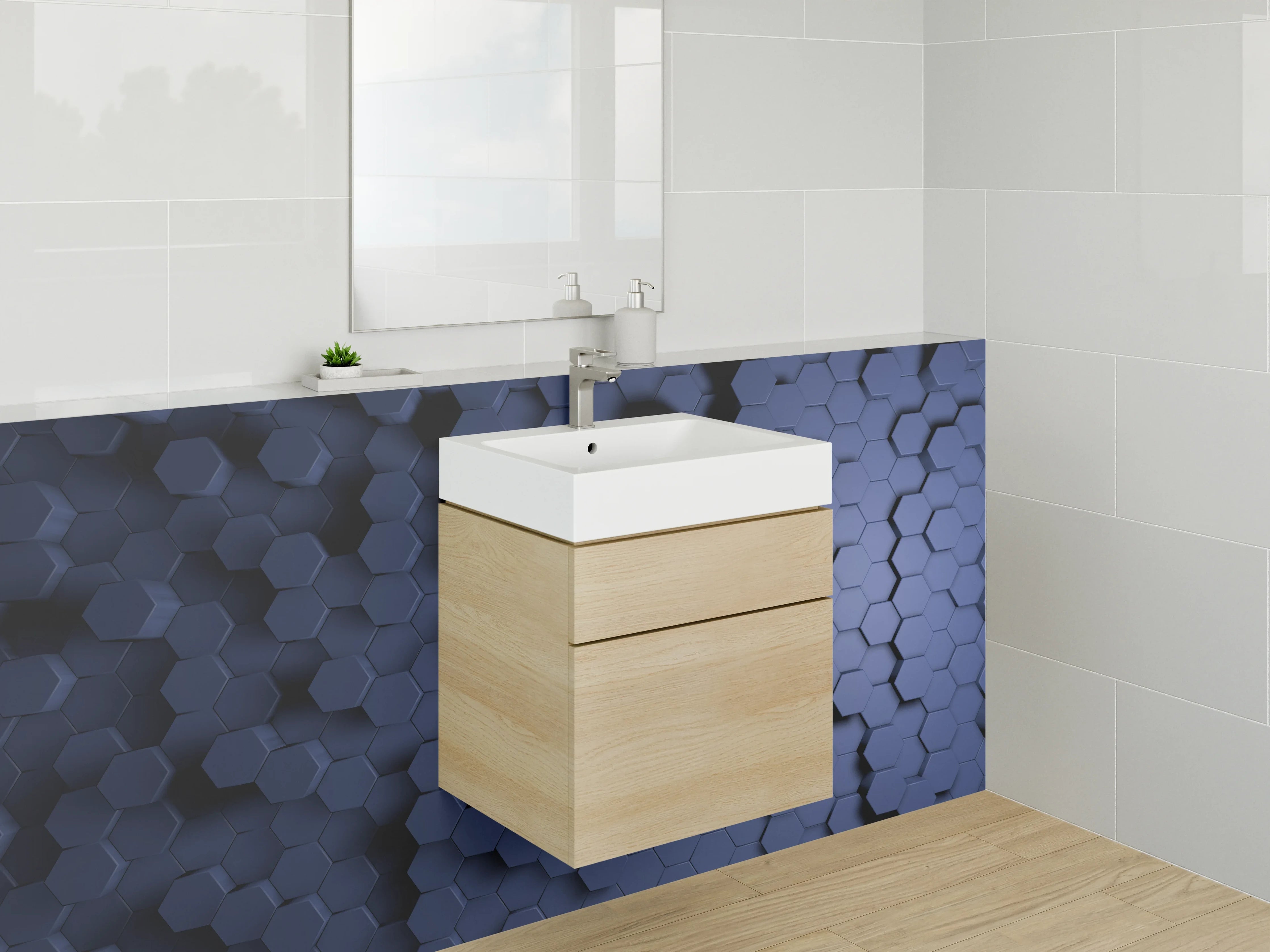 Waschbecken-Rückwand - Hexagonale 3D-Optik in Blau