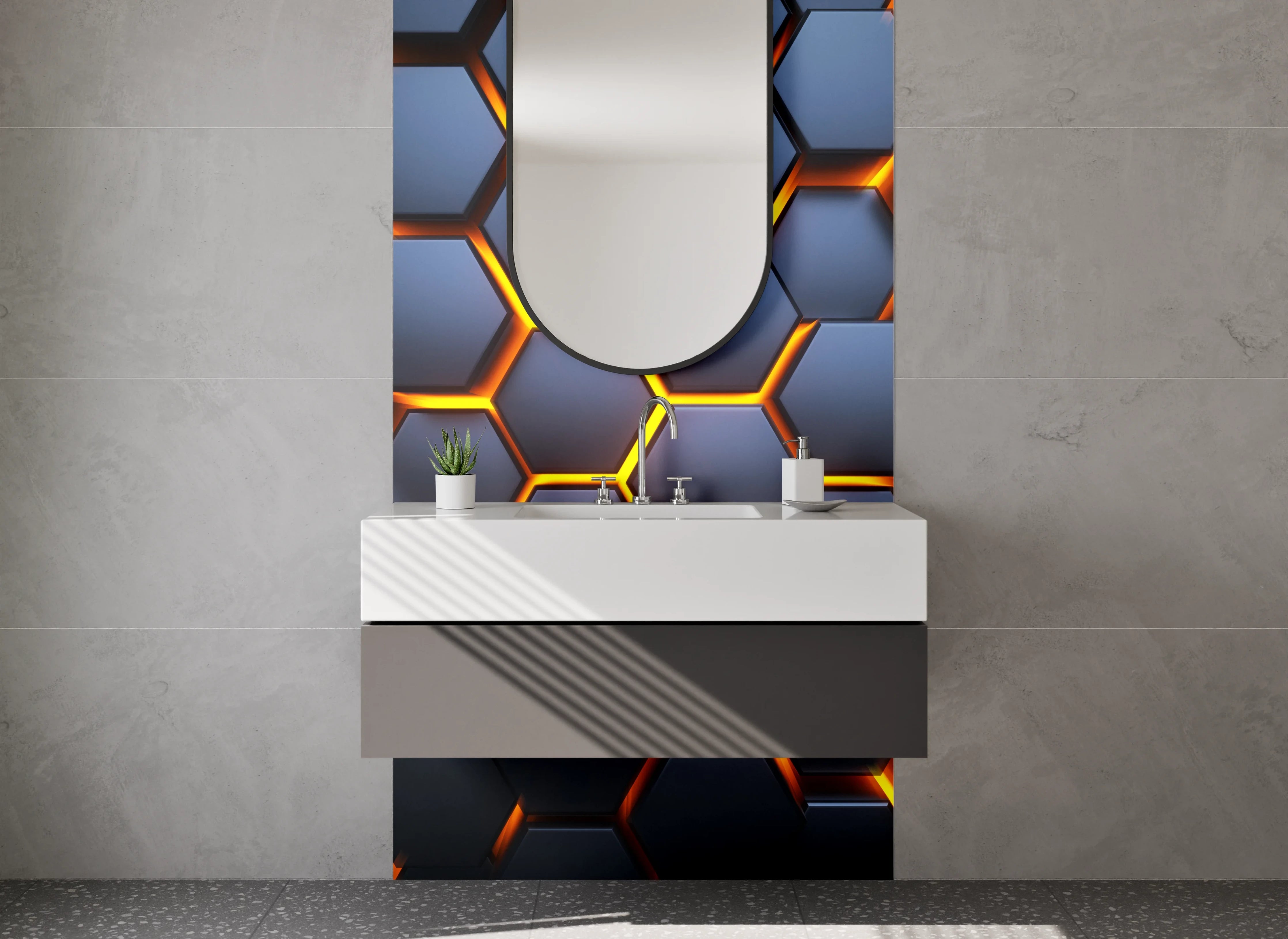 Waschbecken-Rückwand - Hexagonale 3D-Waben Struktur dunkel
