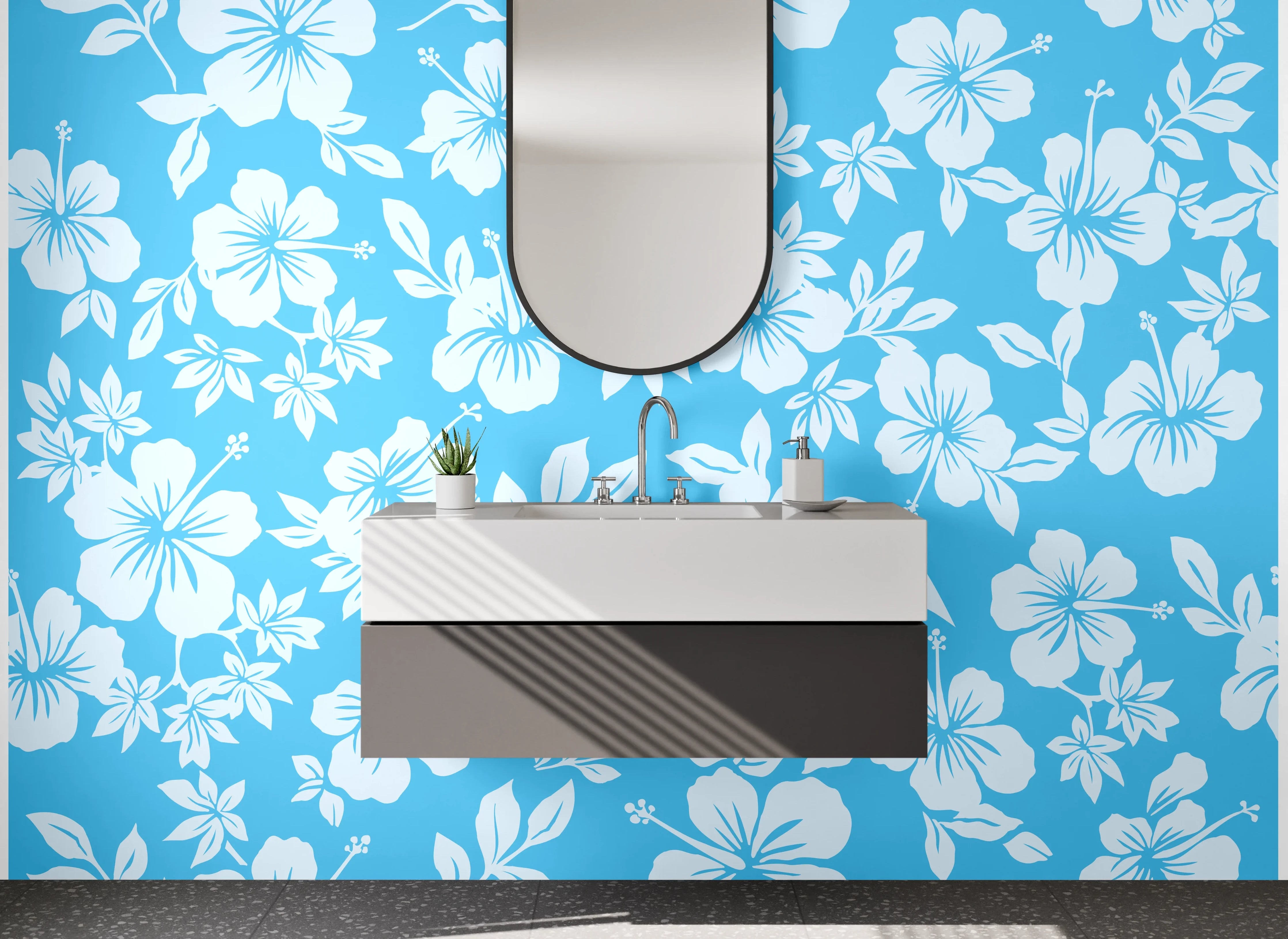Waschbecken-Rückwand - Hibiskus Blumenmuster Blau Weiß