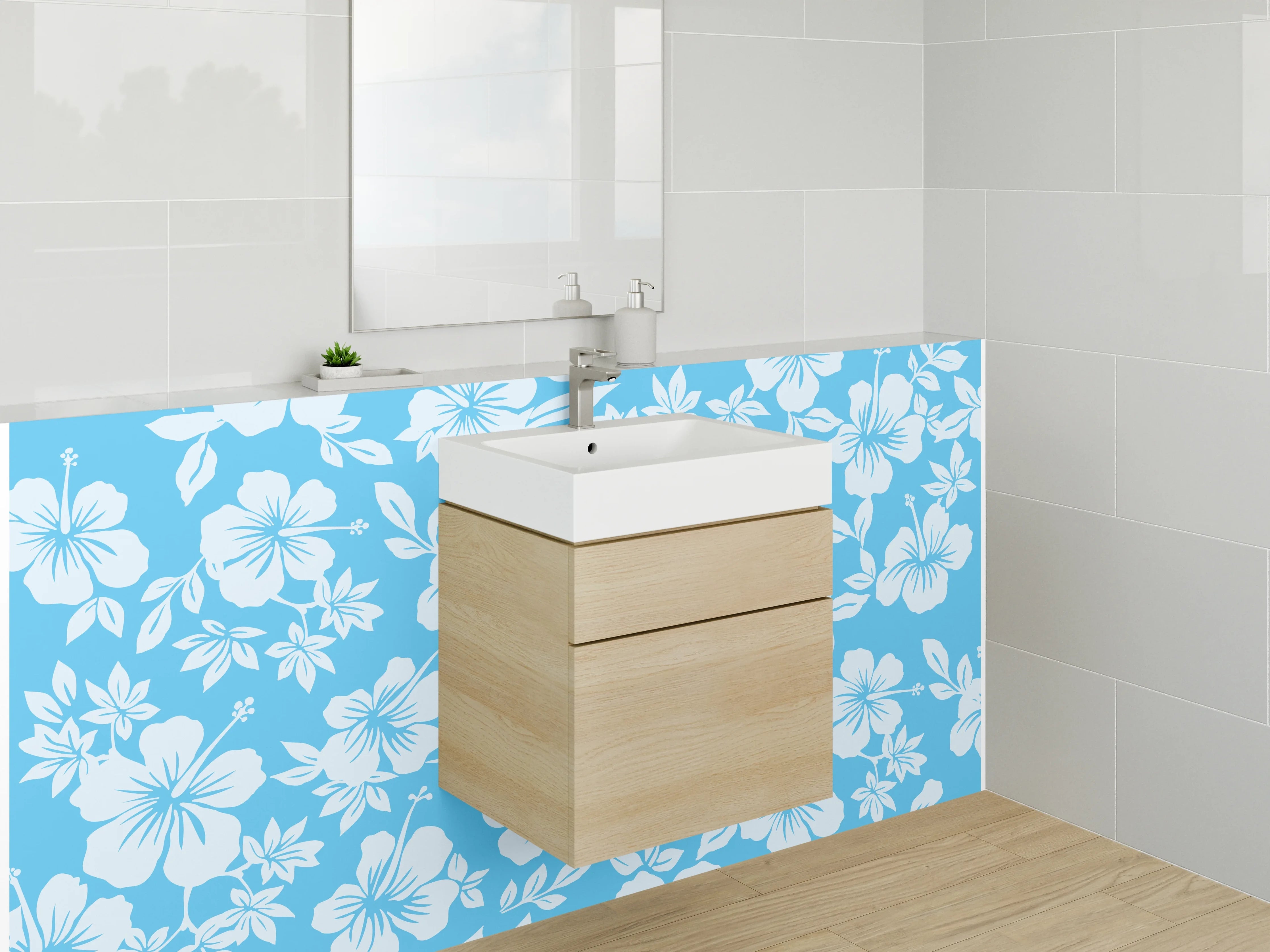 Waschbecken-Rückwand - Hibiskus Blumenmuster Blau Weiß