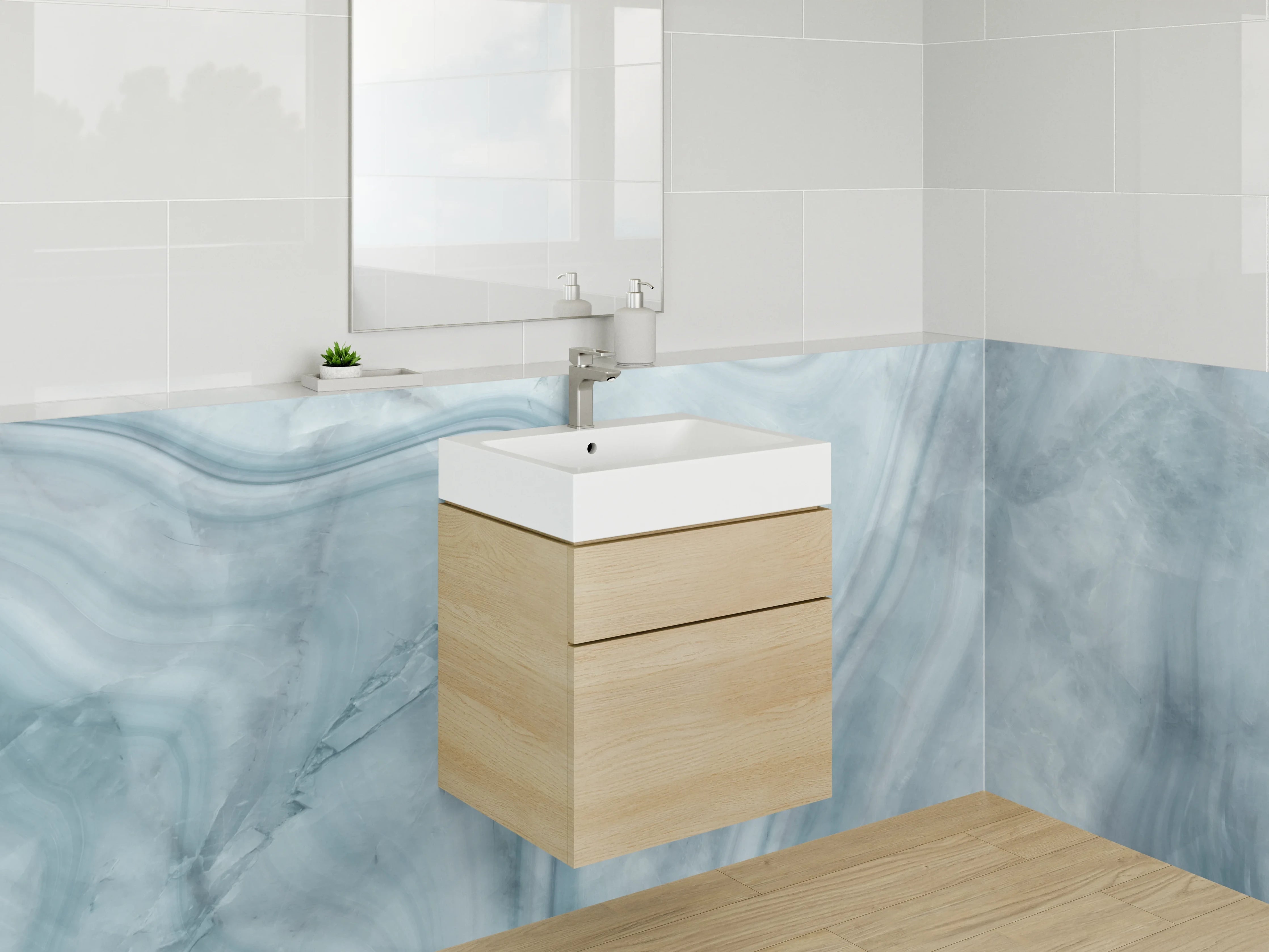 Waschbecken-Rückwand - Hochwertige Marmor-Textur in Blau- und Grautönen