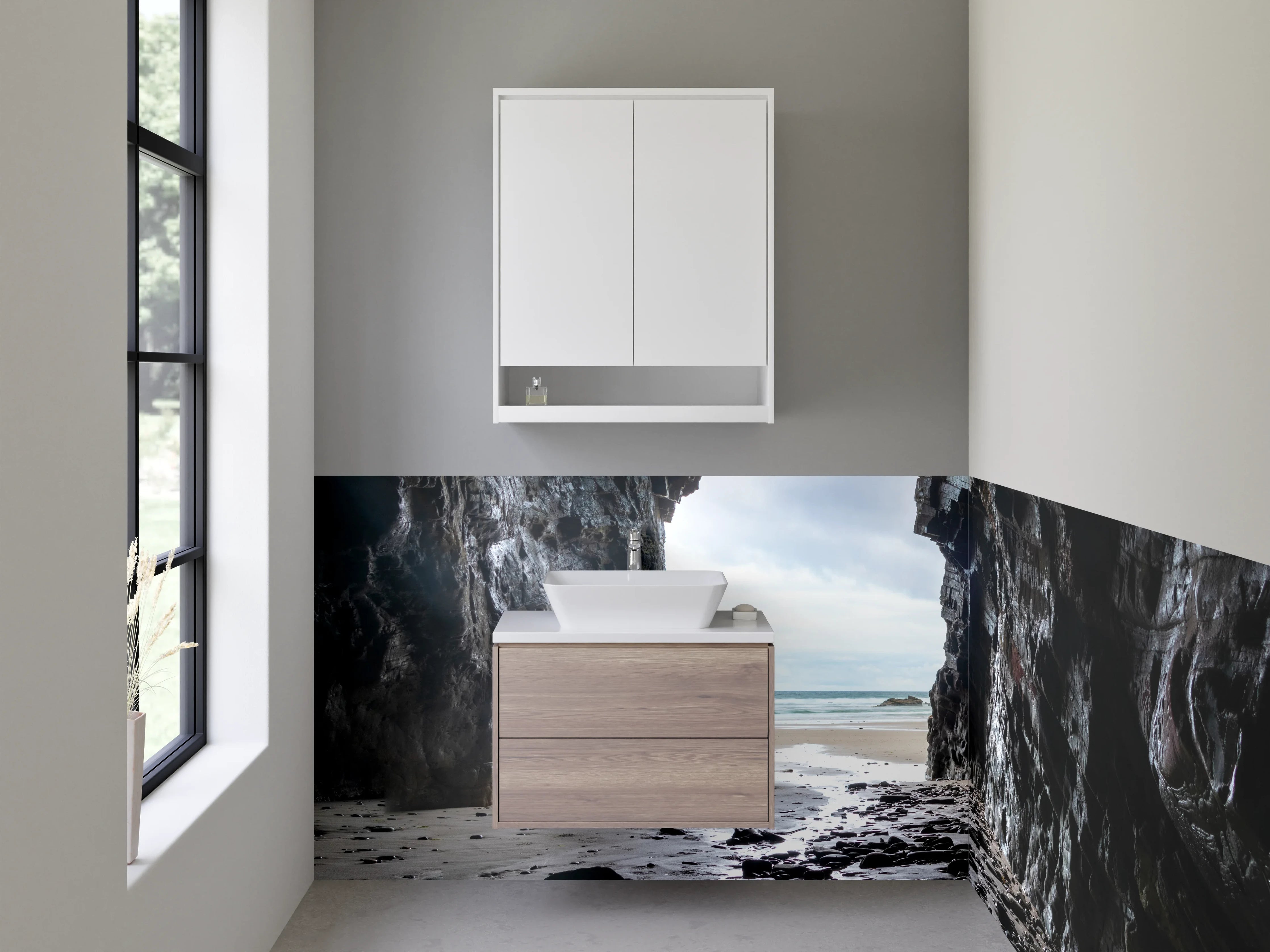 Waschbecken-Rückwand - Höhlenblick am Meer – Natursteinoptik