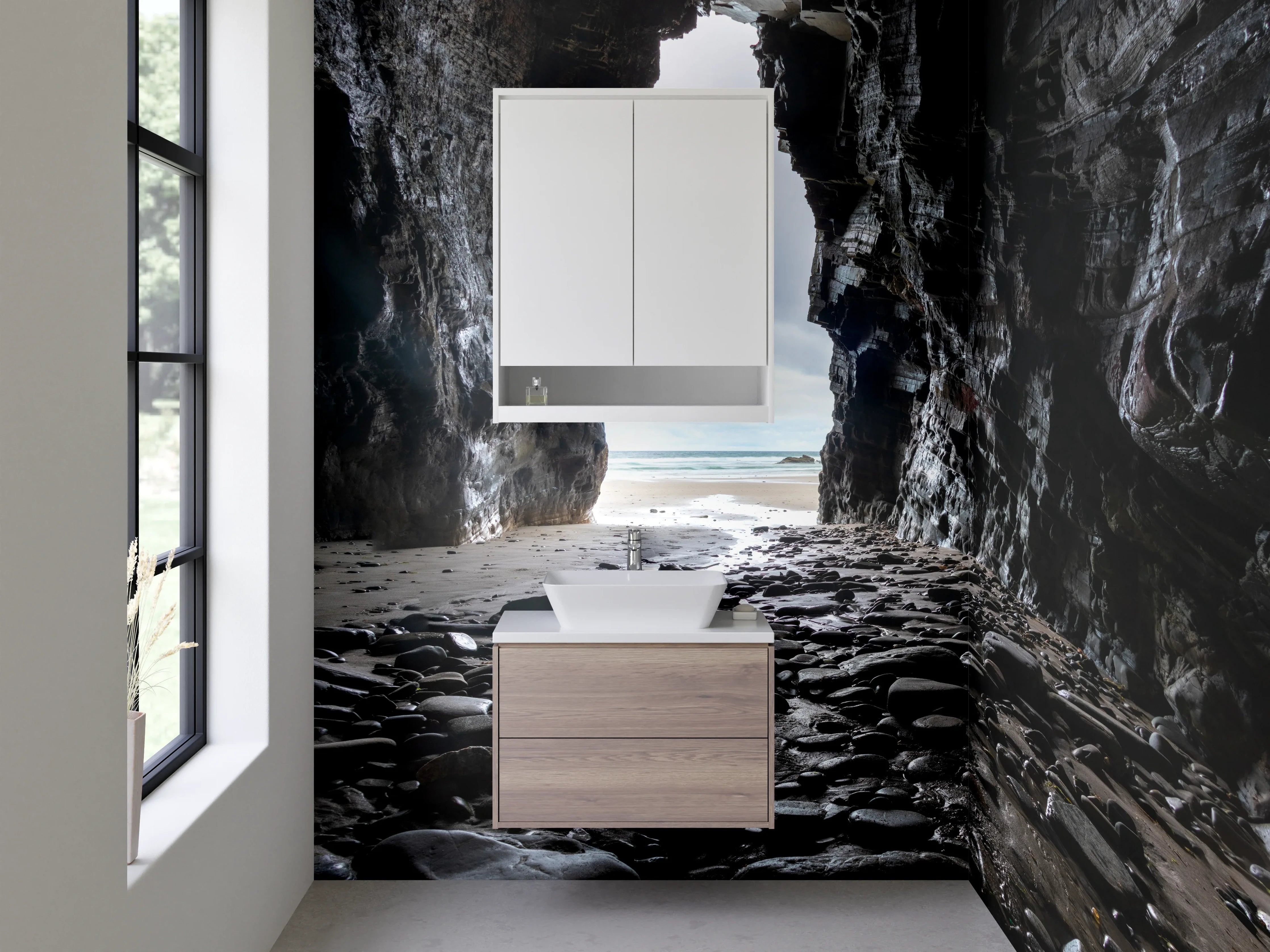 Waschbecken-Rückwand - Höhlenblick am Meer – Natursteinoptik