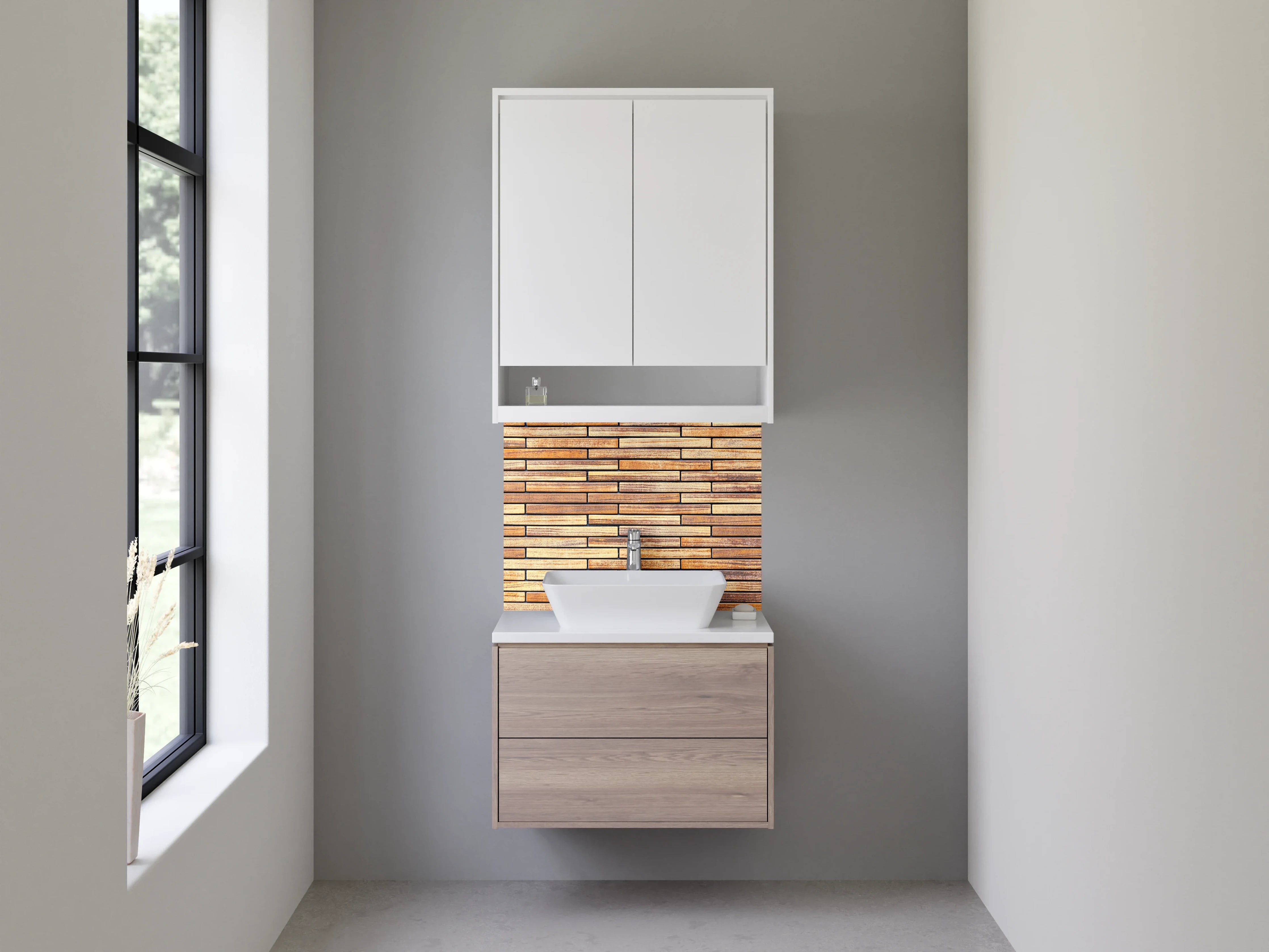 Waschbecken-Rückwand - Holz-Optik Fliesenmuster Braun Beige