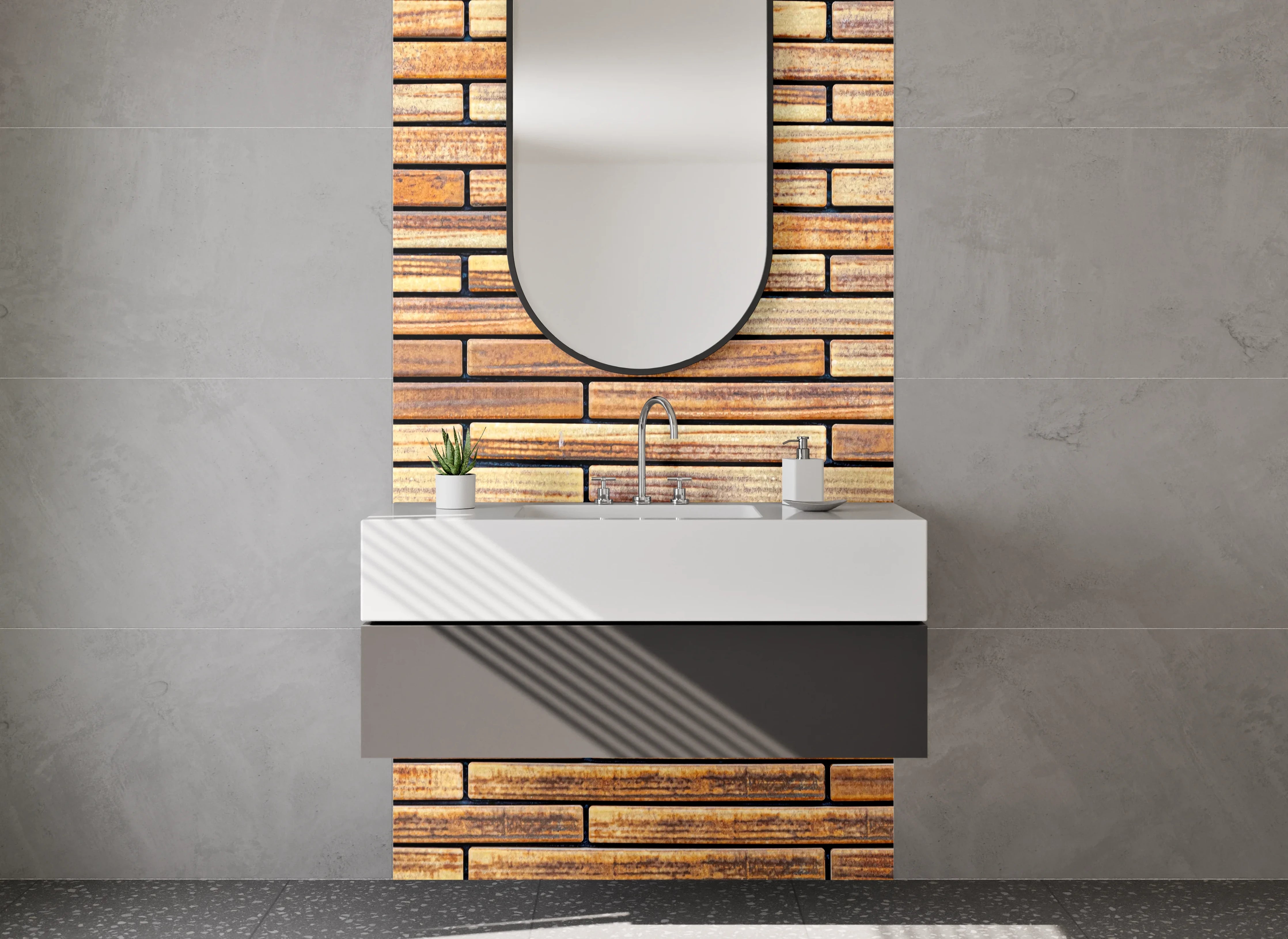 Waschbecken-Rückwand - Holz-Optik Fliesenmuster Braun Beige