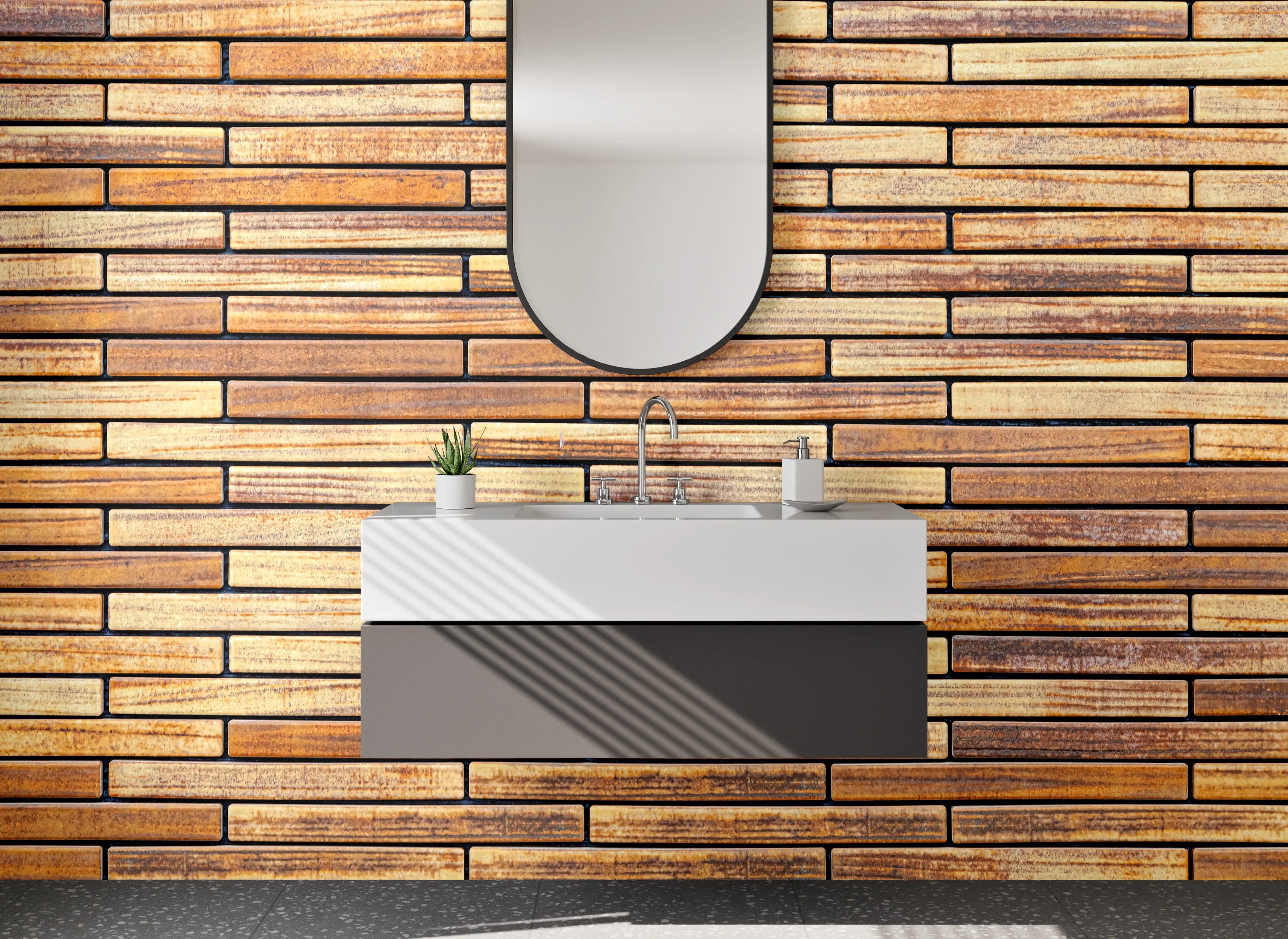 Waschbecken-Rückwand - Holz-Optik Fliesenmuster Braun Beige