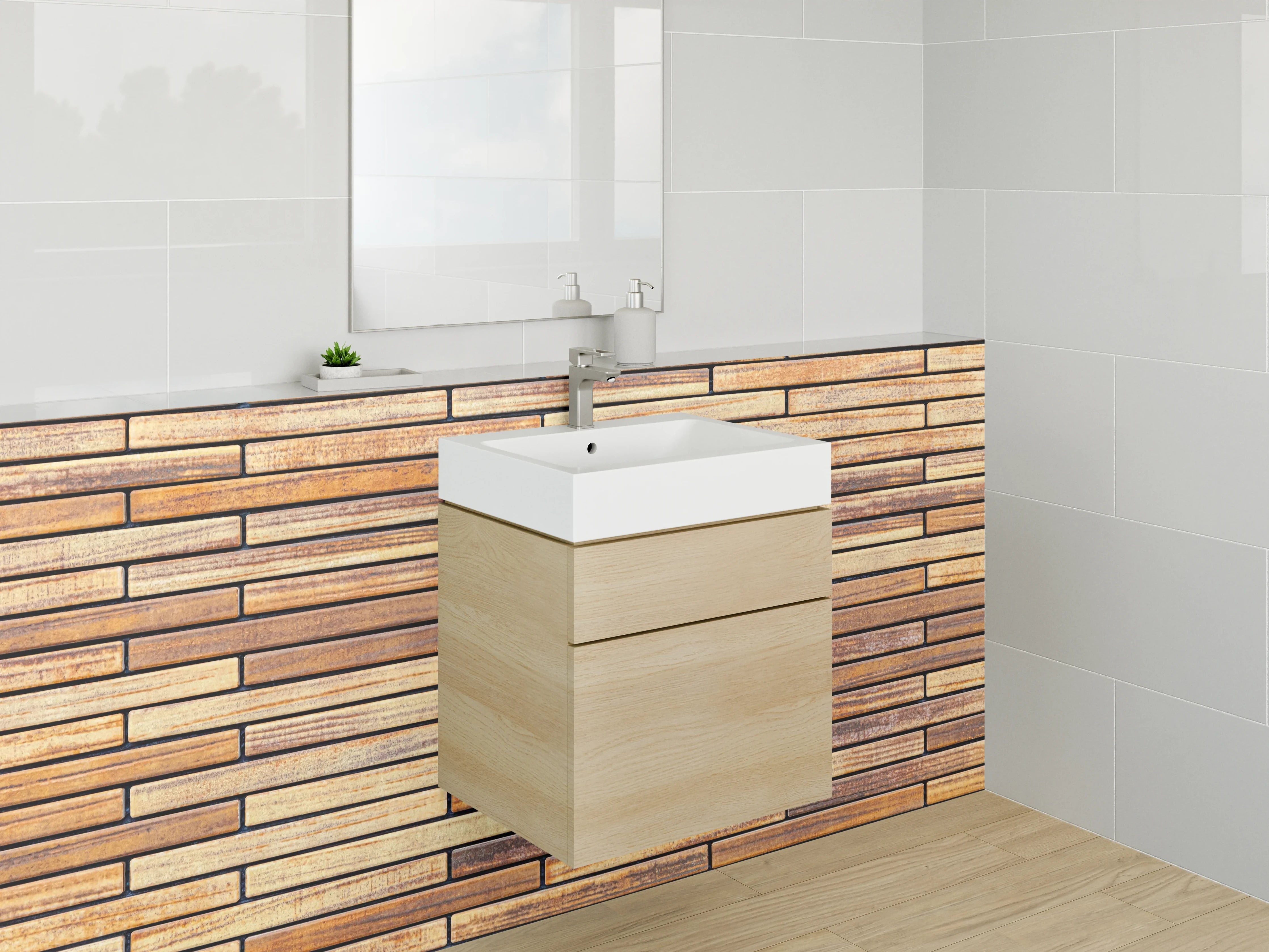Waschbecken-Rückwand - Holz-Optik Fliesenmuster Braun Beige