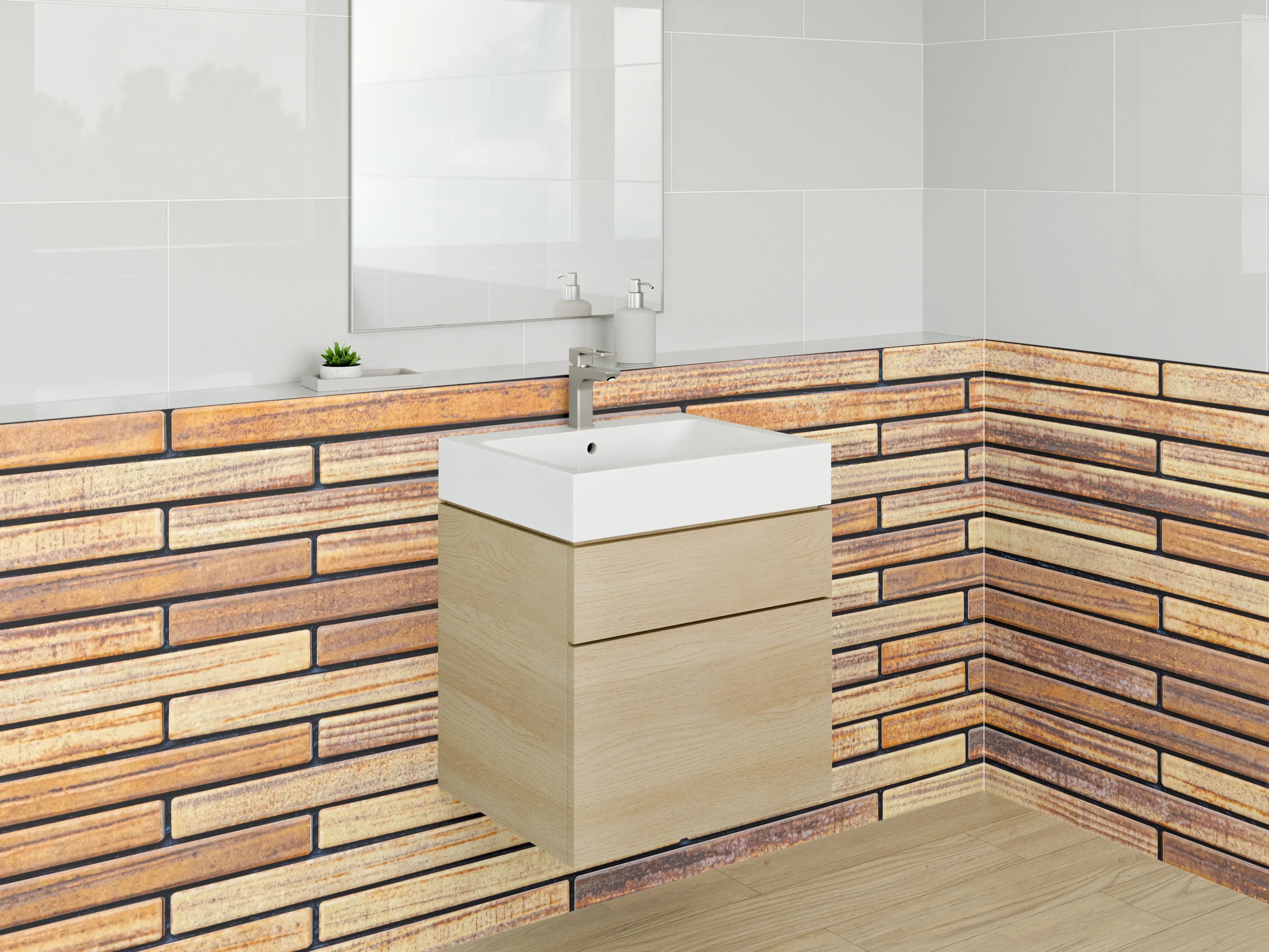 Waschbecken-Rückwand - Holz-Optik Fliesenmuster Braun Beige