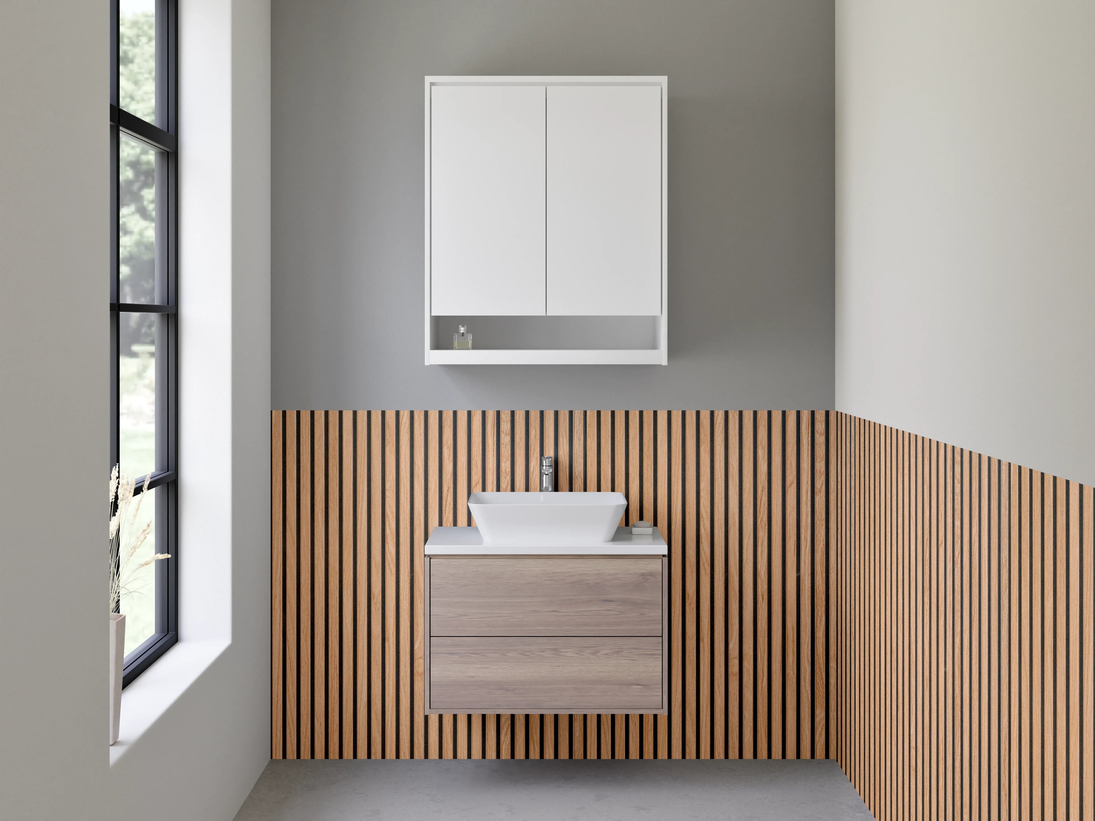 Waschbecken-Rückwand - Holzlamellen Wand mit warmem Braunton