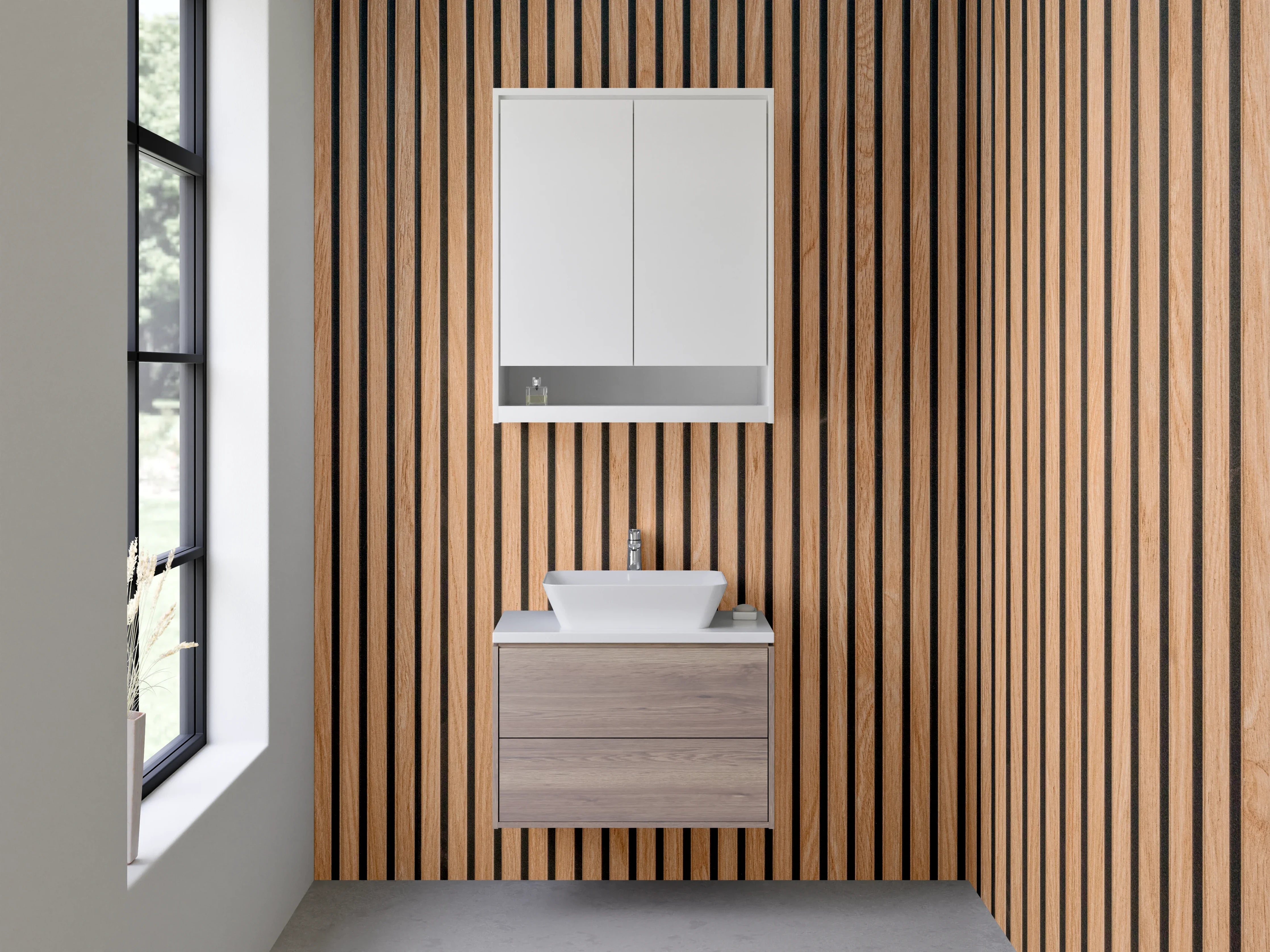 Waschbecken-Rückwand - Holzlamellen Wand mit warmem Braunton