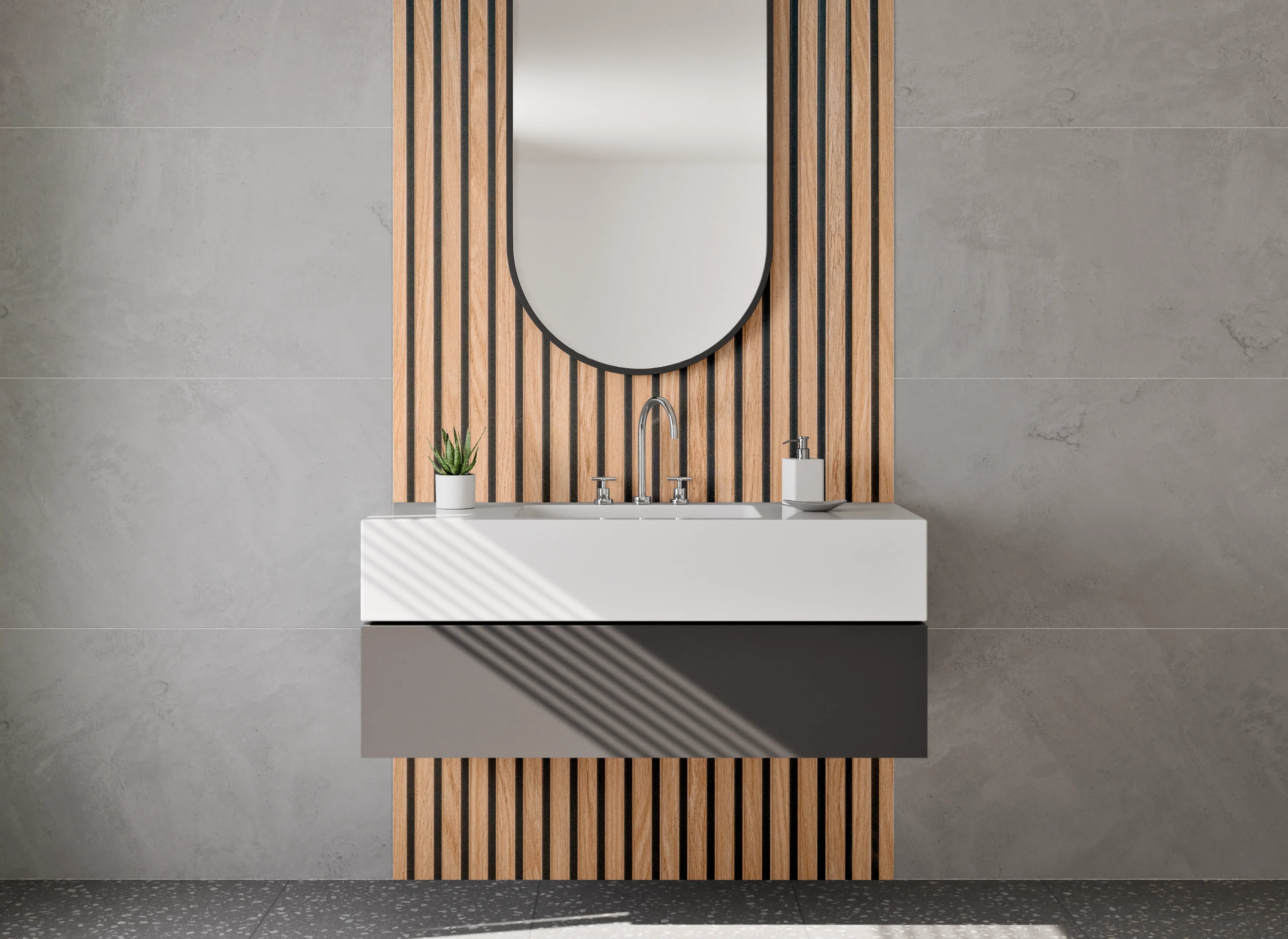 Waschbecken-Rückwand - Holzlamellen Wand mit warmem Braunton