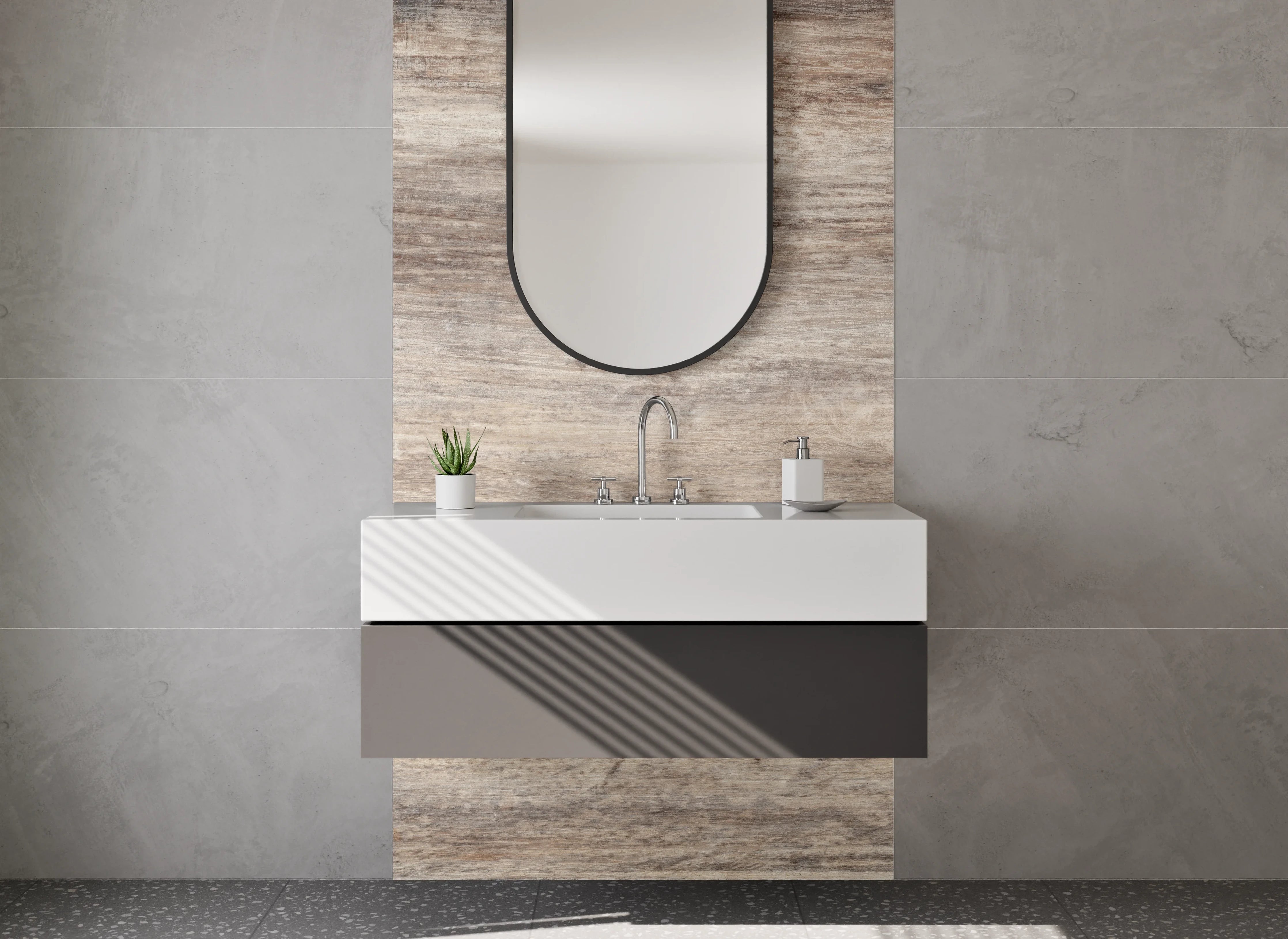 Waschbecken-Rückwand - Holzoptik Fliese Braun Beige Grau