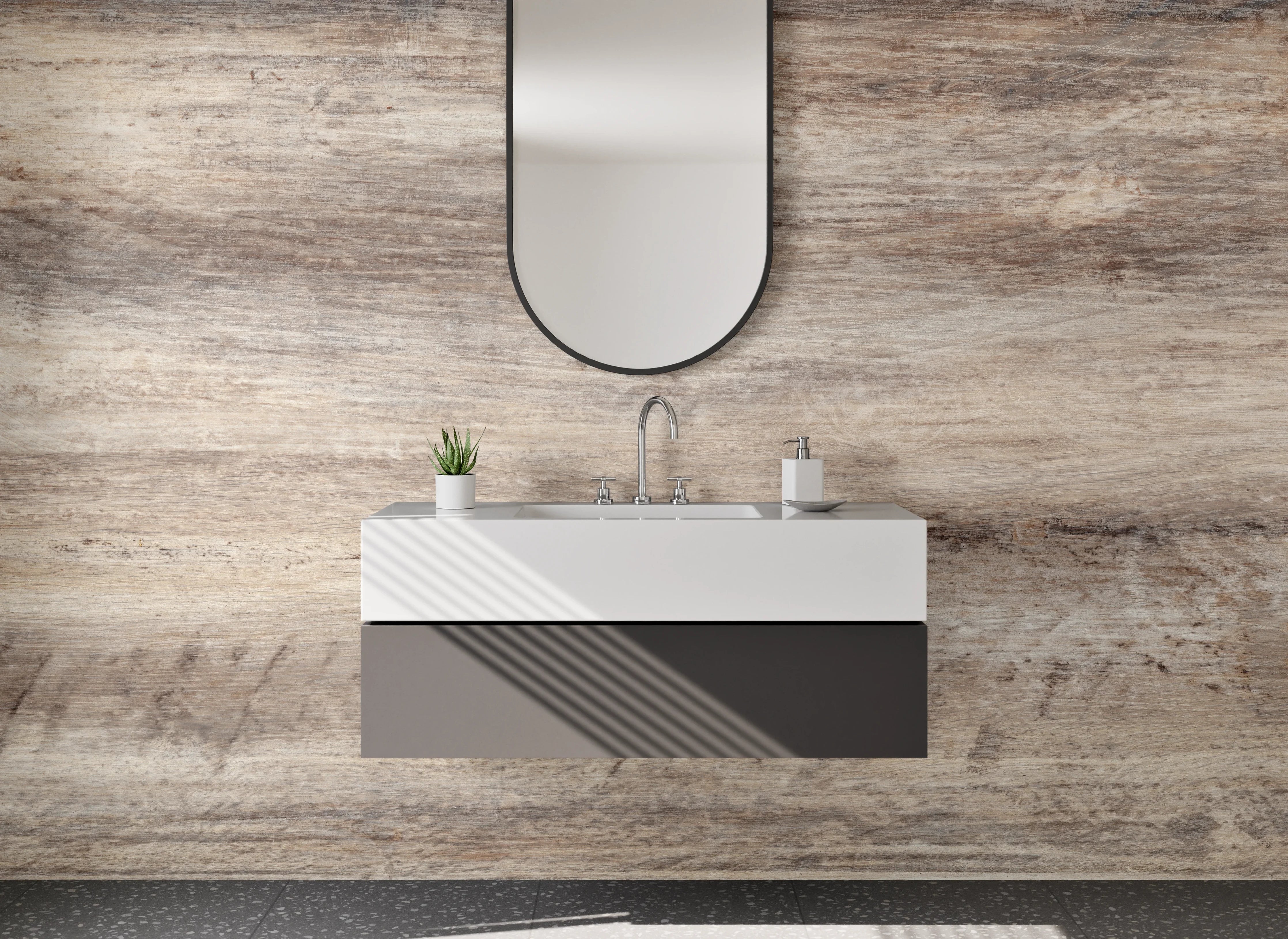 Waschbecken-Rückwand - Holzoptik Fliese Braun Beige Grau