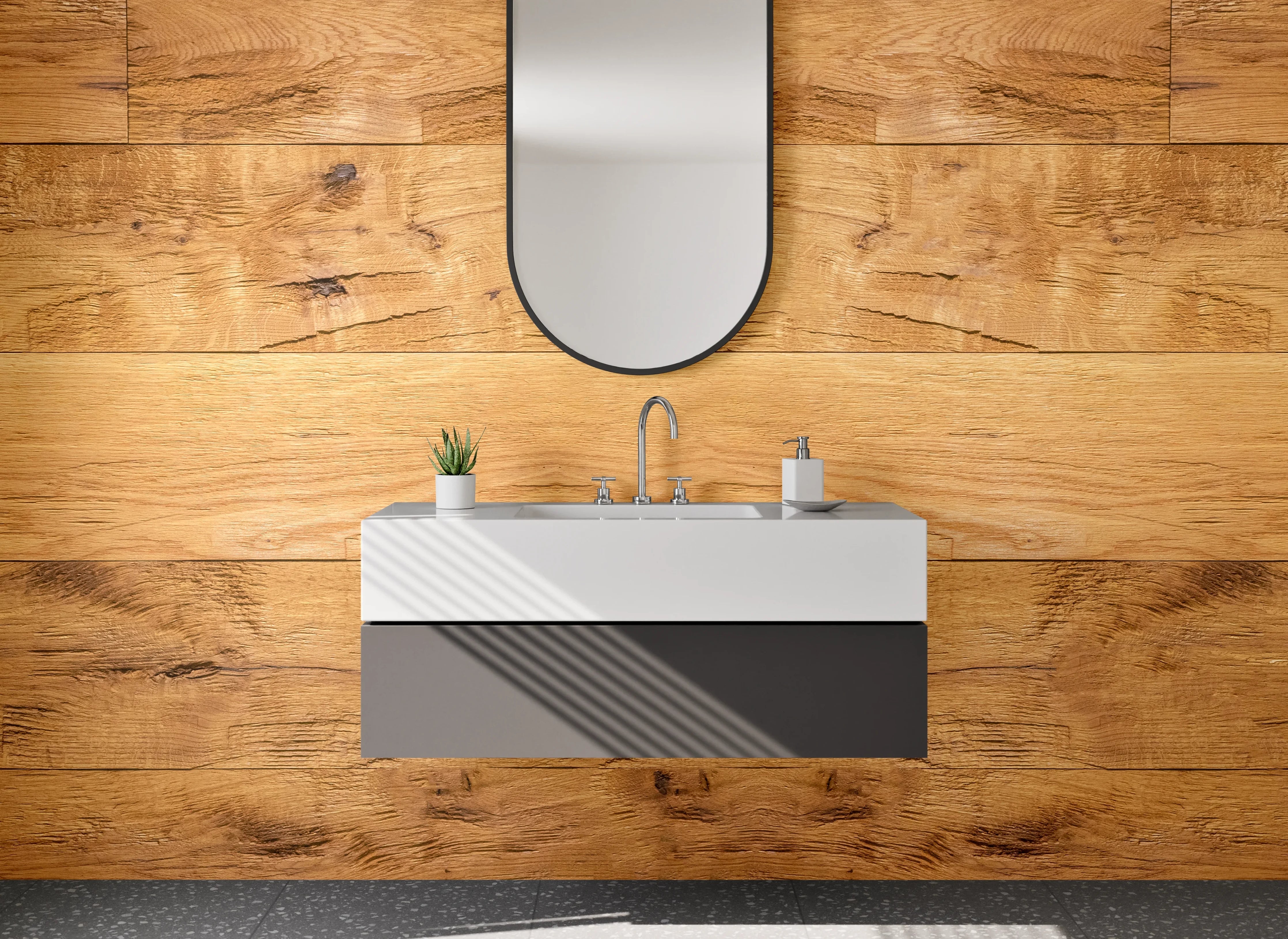 Waschbecken-Rückwand - Holzoptik Fliesen – warmer Landhausstil