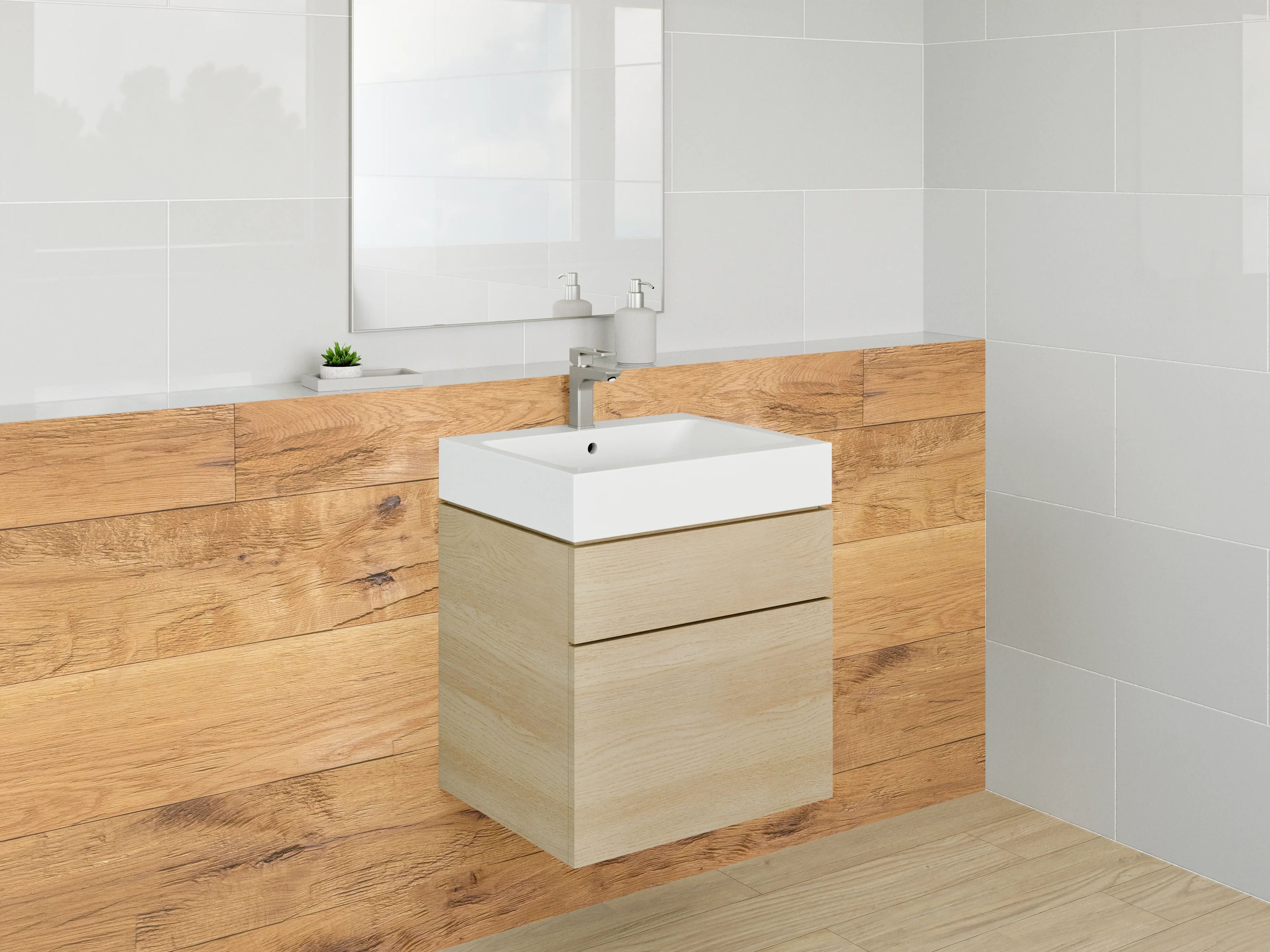 Waschbecken-Rückwand - Holzoptik Fliesen – warmer Landhausstil