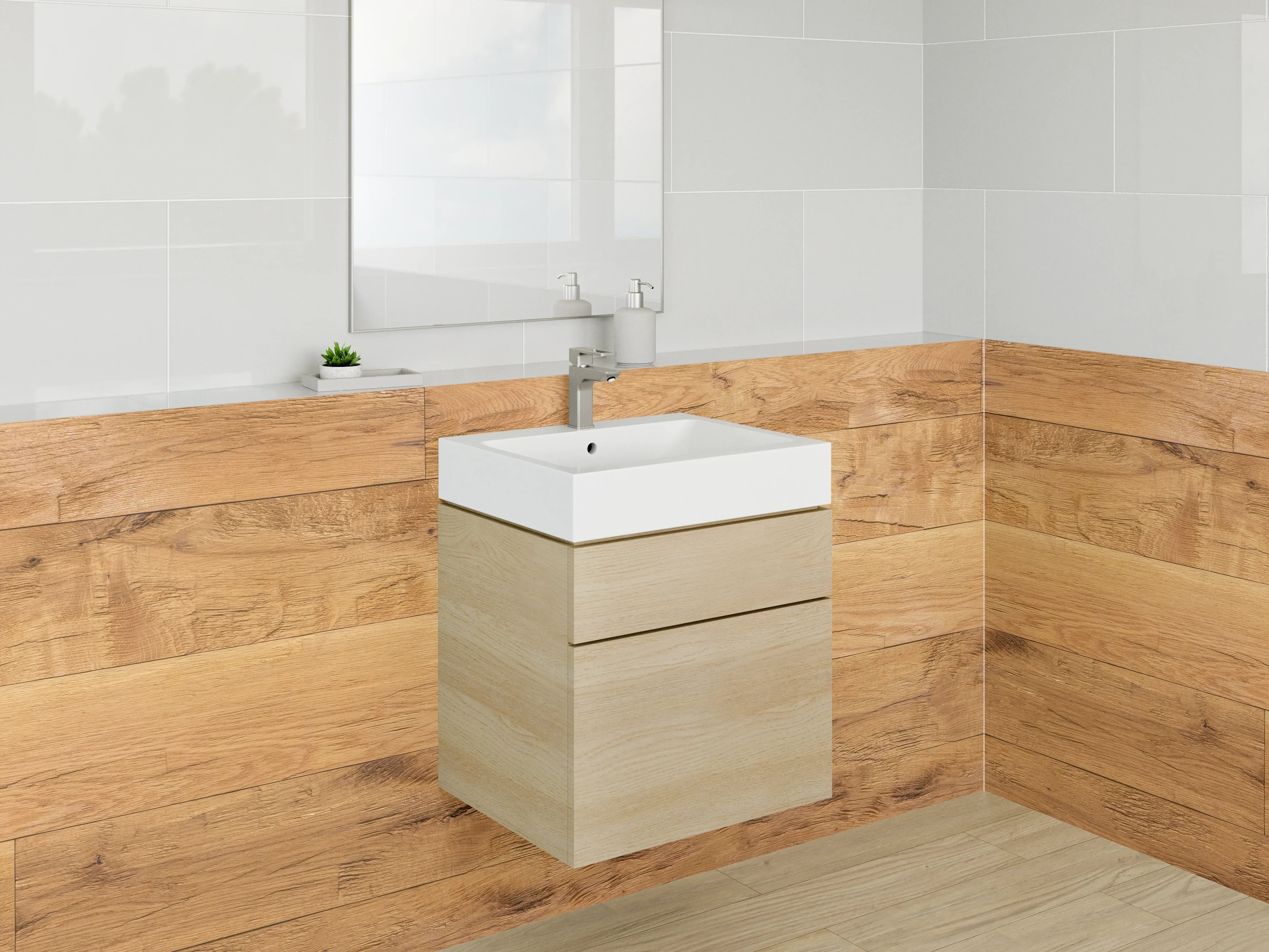 Waschbecken-Rückwand - Holzoptik Fliesen – warmer Landhausstil