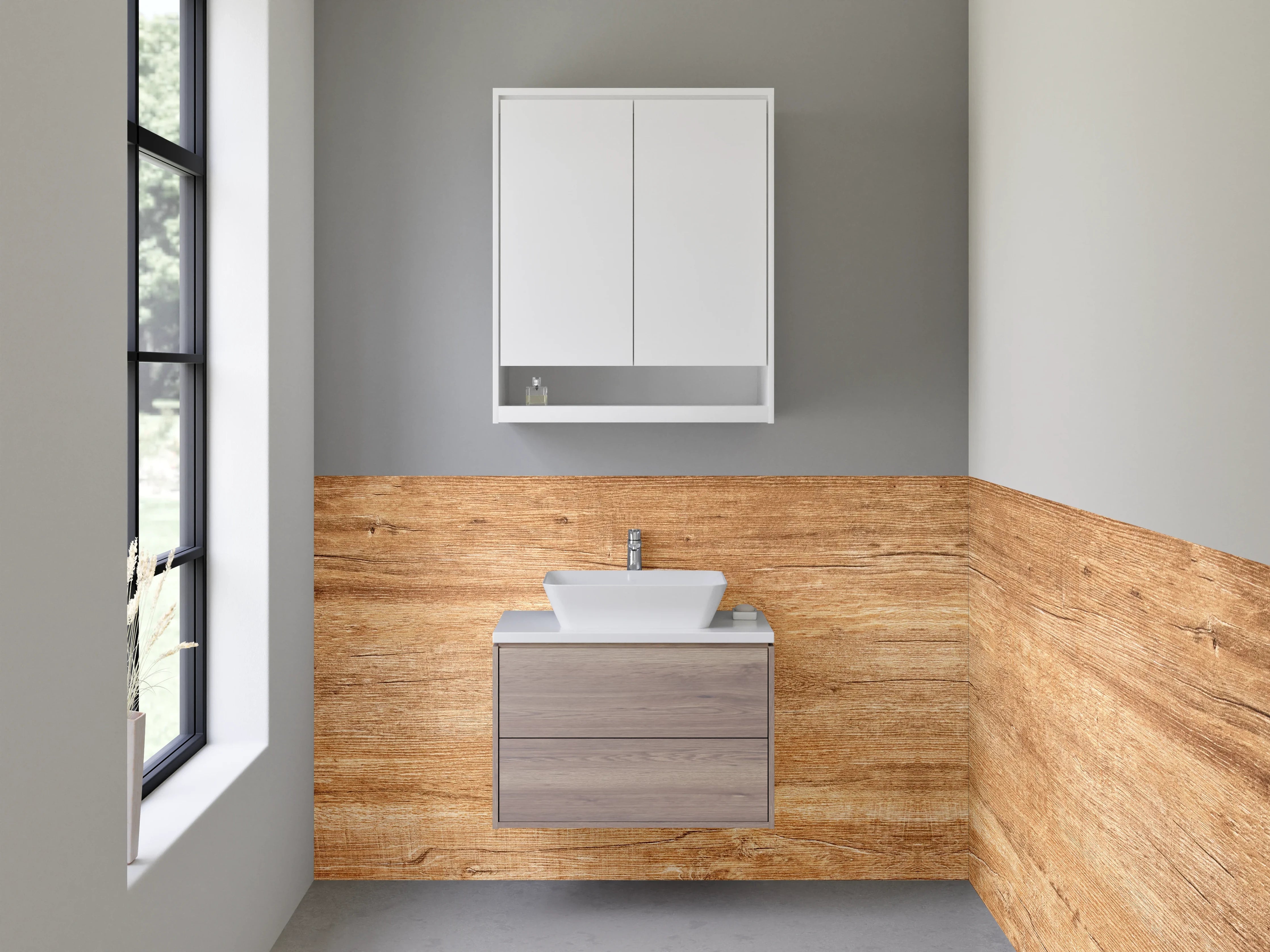 Waschbecken-Rückwand - Holzoptik im warmen Braunton