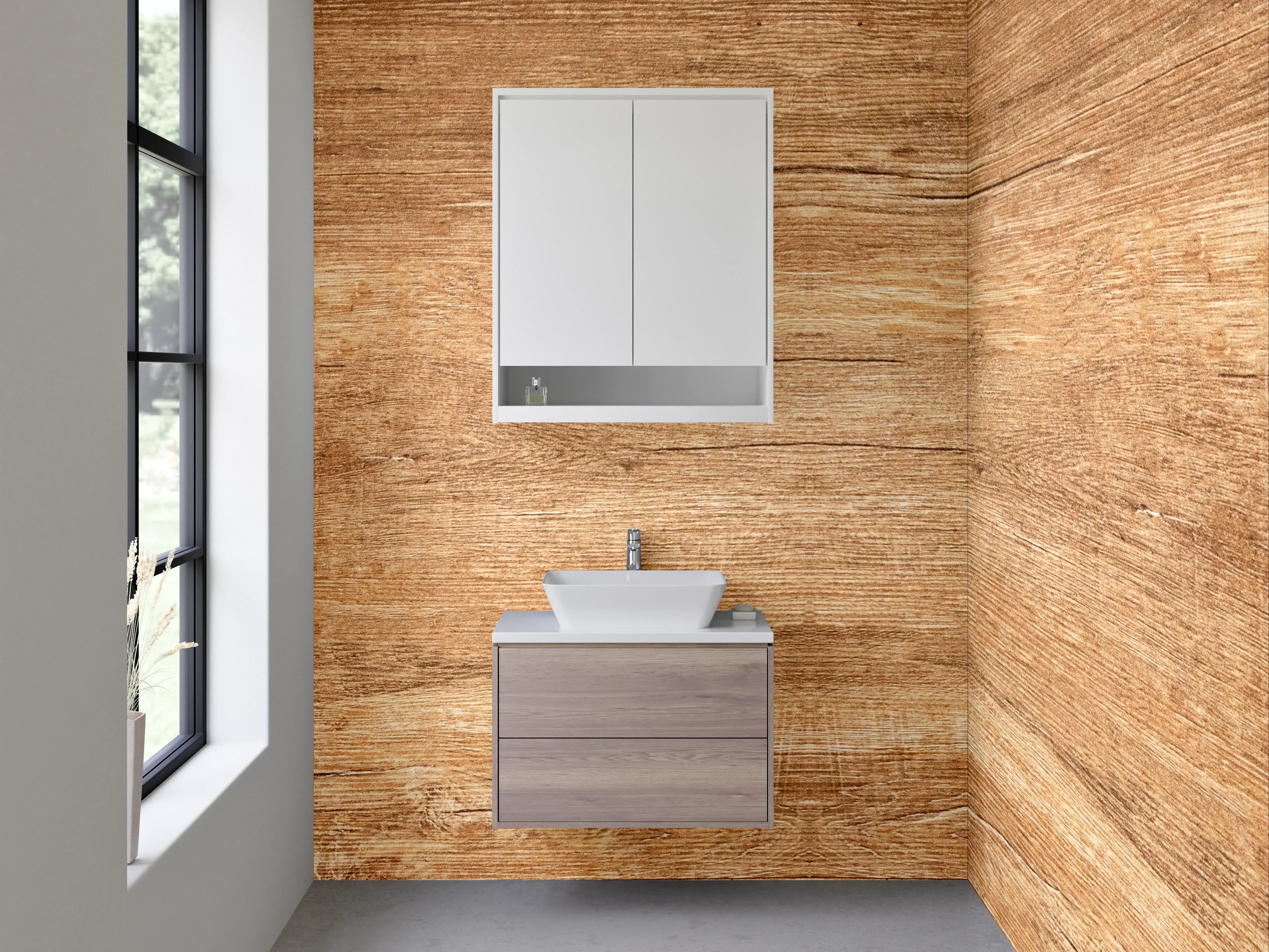 Waschbecken-Rückwand - Holzoptik im warmen Braunton