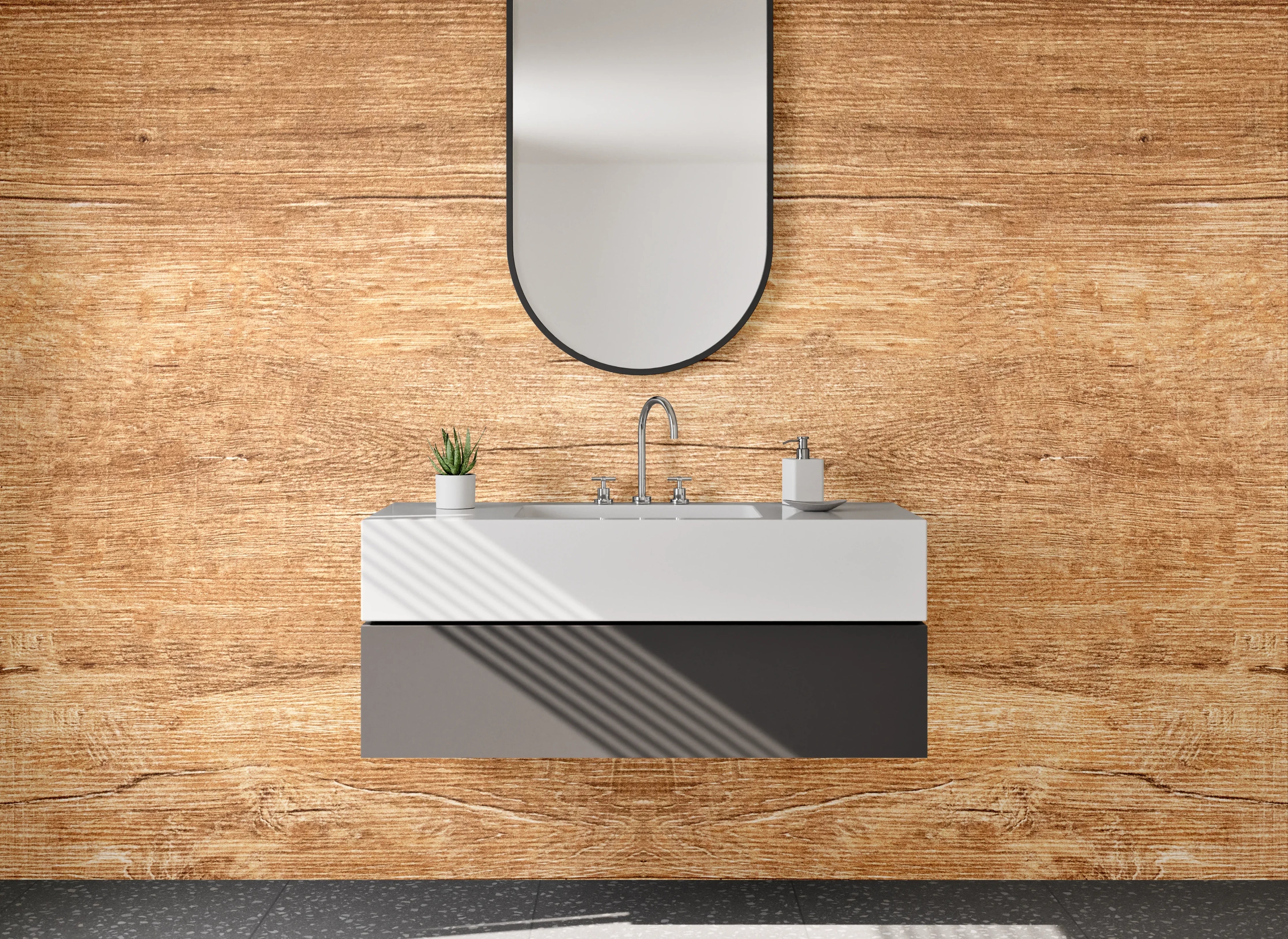 Waschbecken-Rückwand - Holzoptik im warmen Braunton