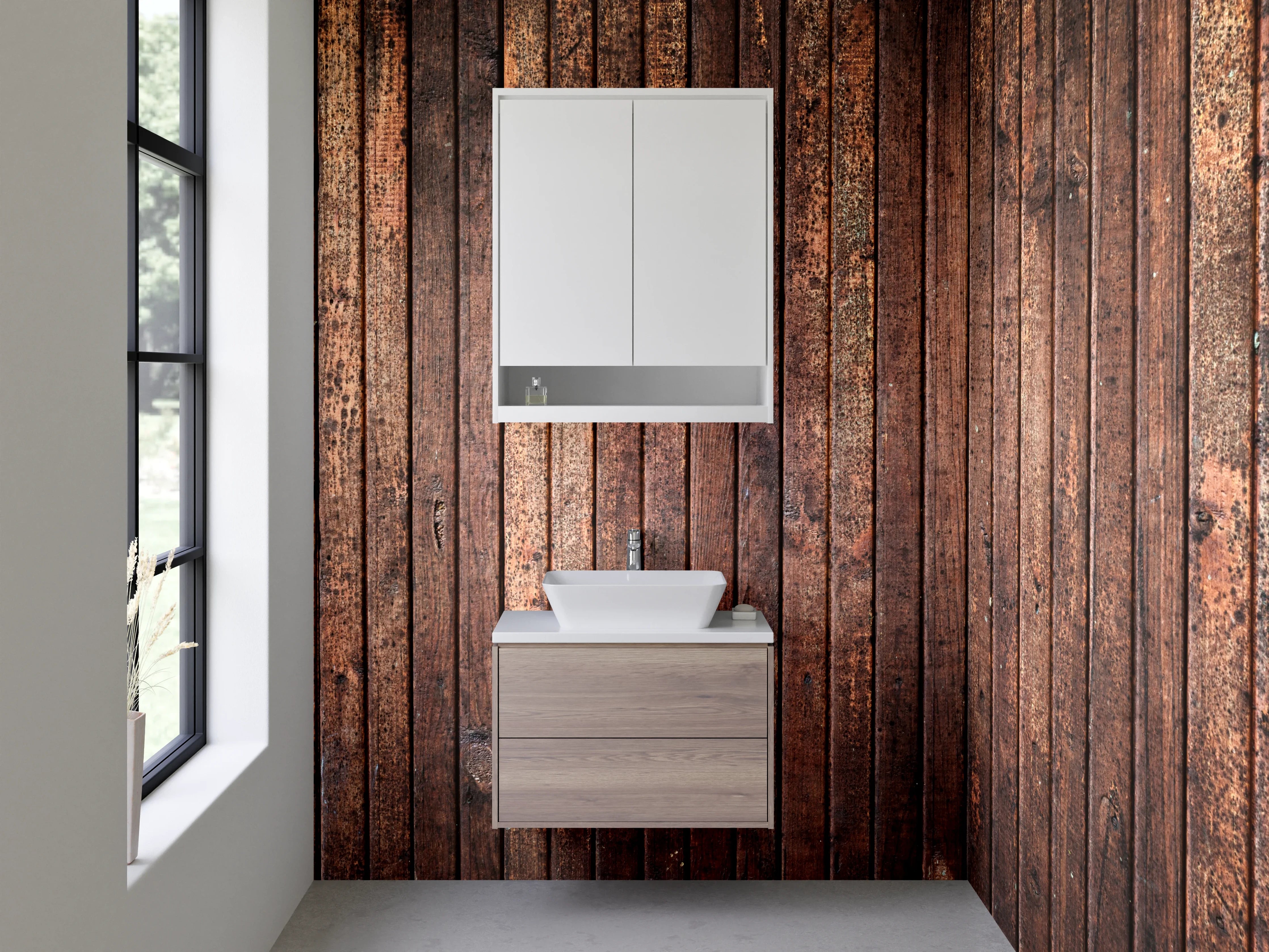 Waschbecken-Rückwand - Holzoptik mit dunklen Warmtönen