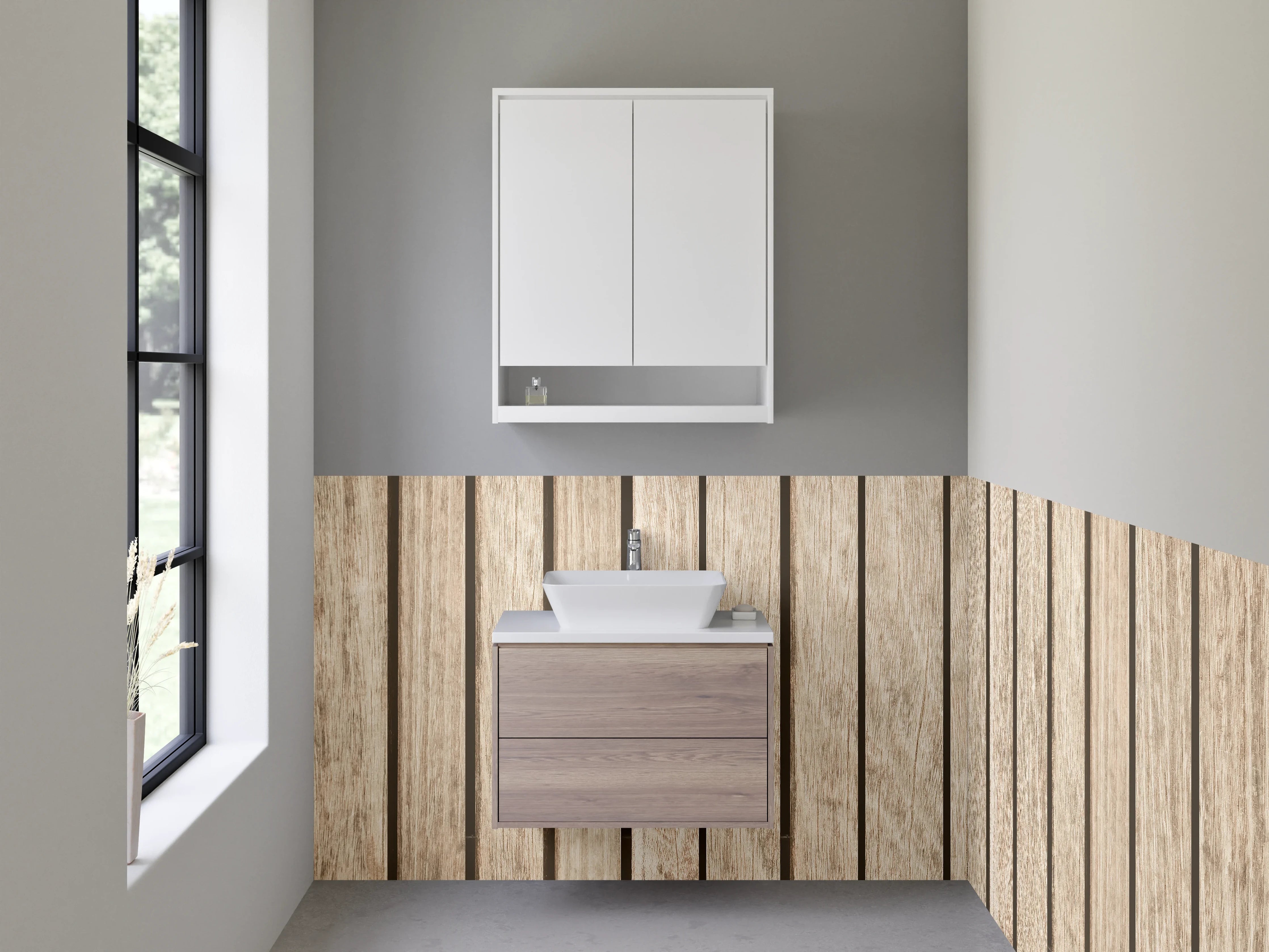 Waschbecken-Rückwand - Holzoptik vertikal – Moderne Wandgestaltung