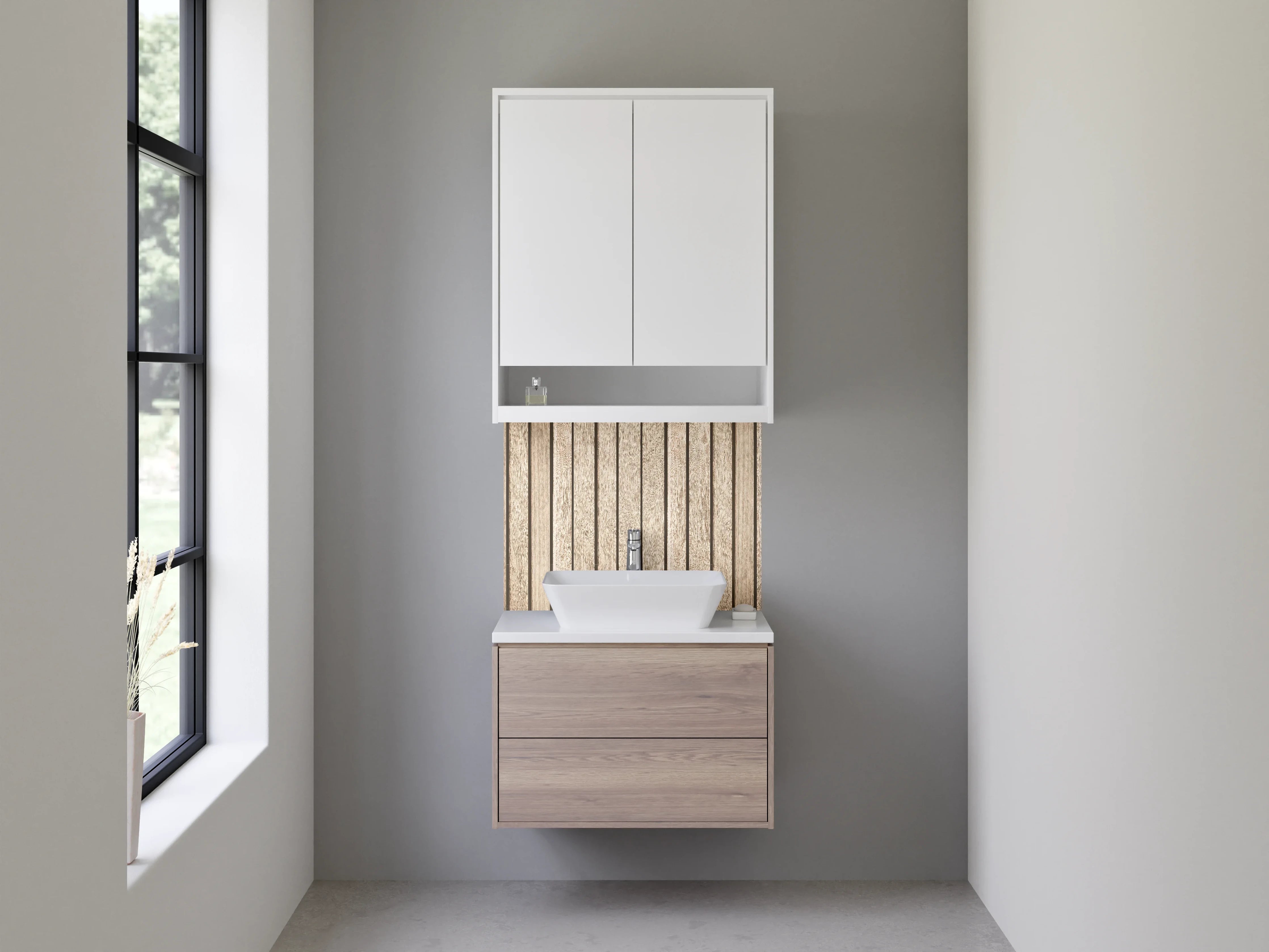 Waschbecken-Rückwand - Holzoptik vertikal – Moderne Wandgestaltung