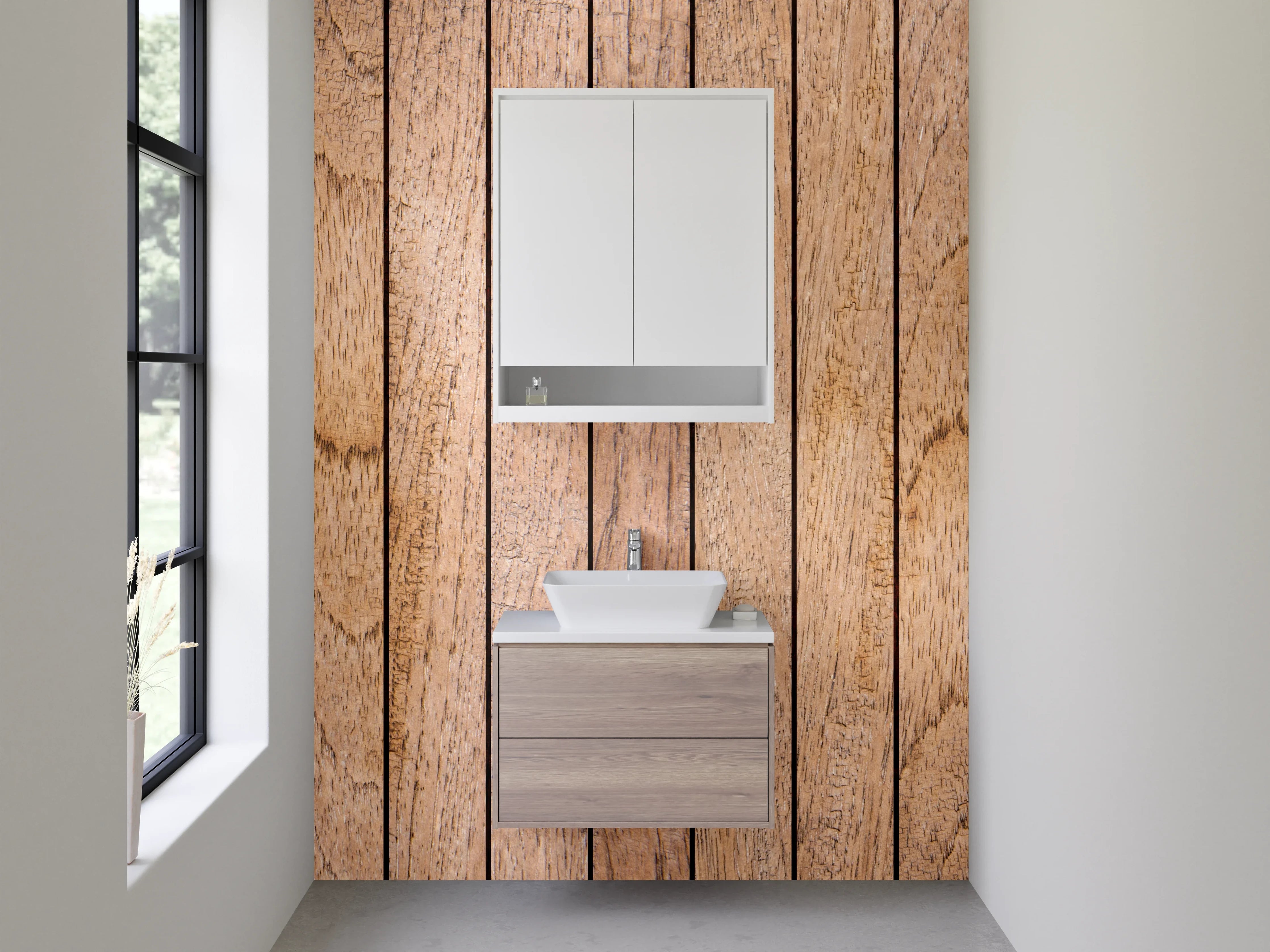 Waschbecken-Rückwand - Holzpaneel mit natürlicher Maserung und warmen Tönen