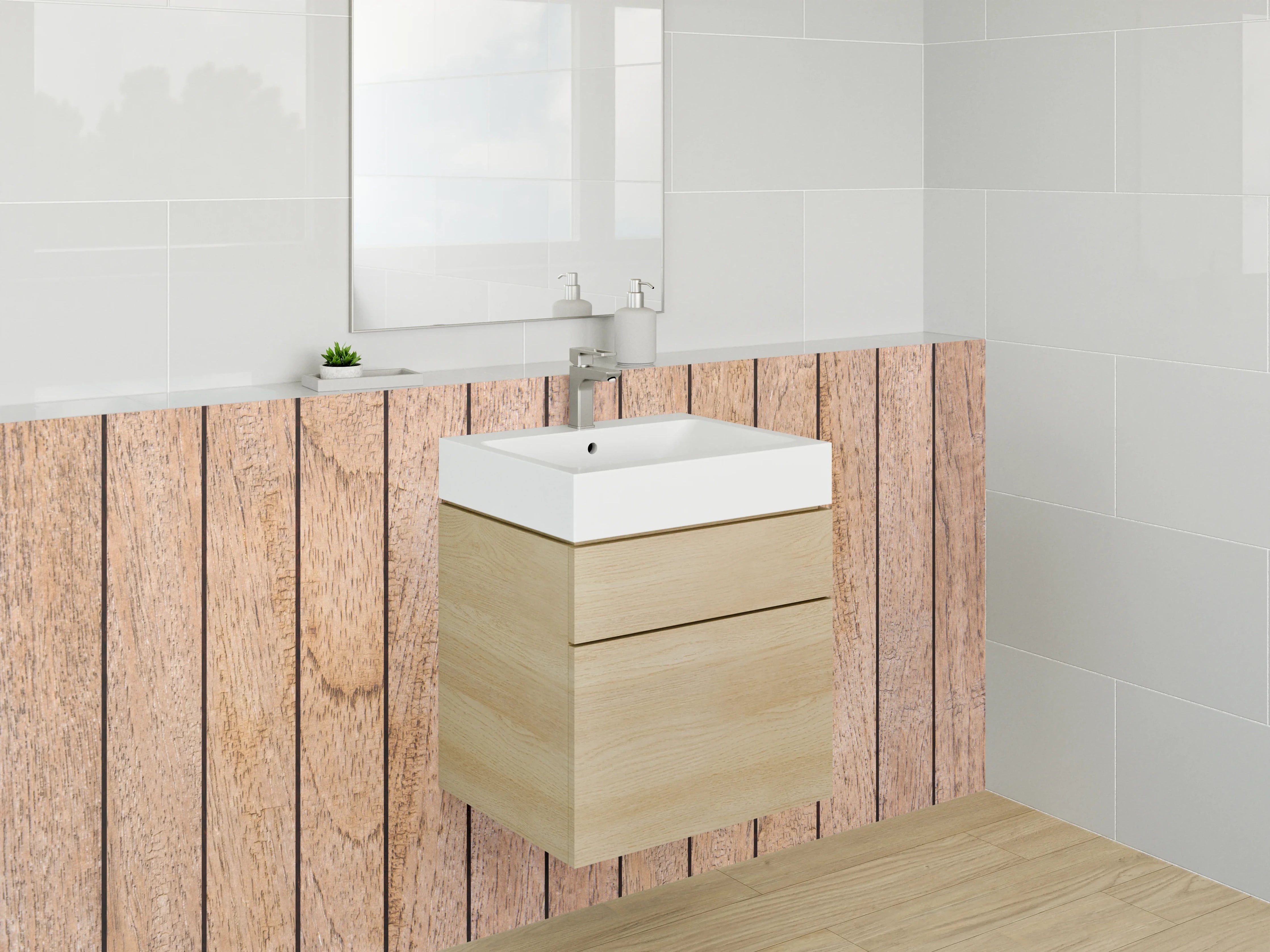 Waschbecken-Rückwand - Holzpaneel mit natürlicher Maserung und warmen Tönen