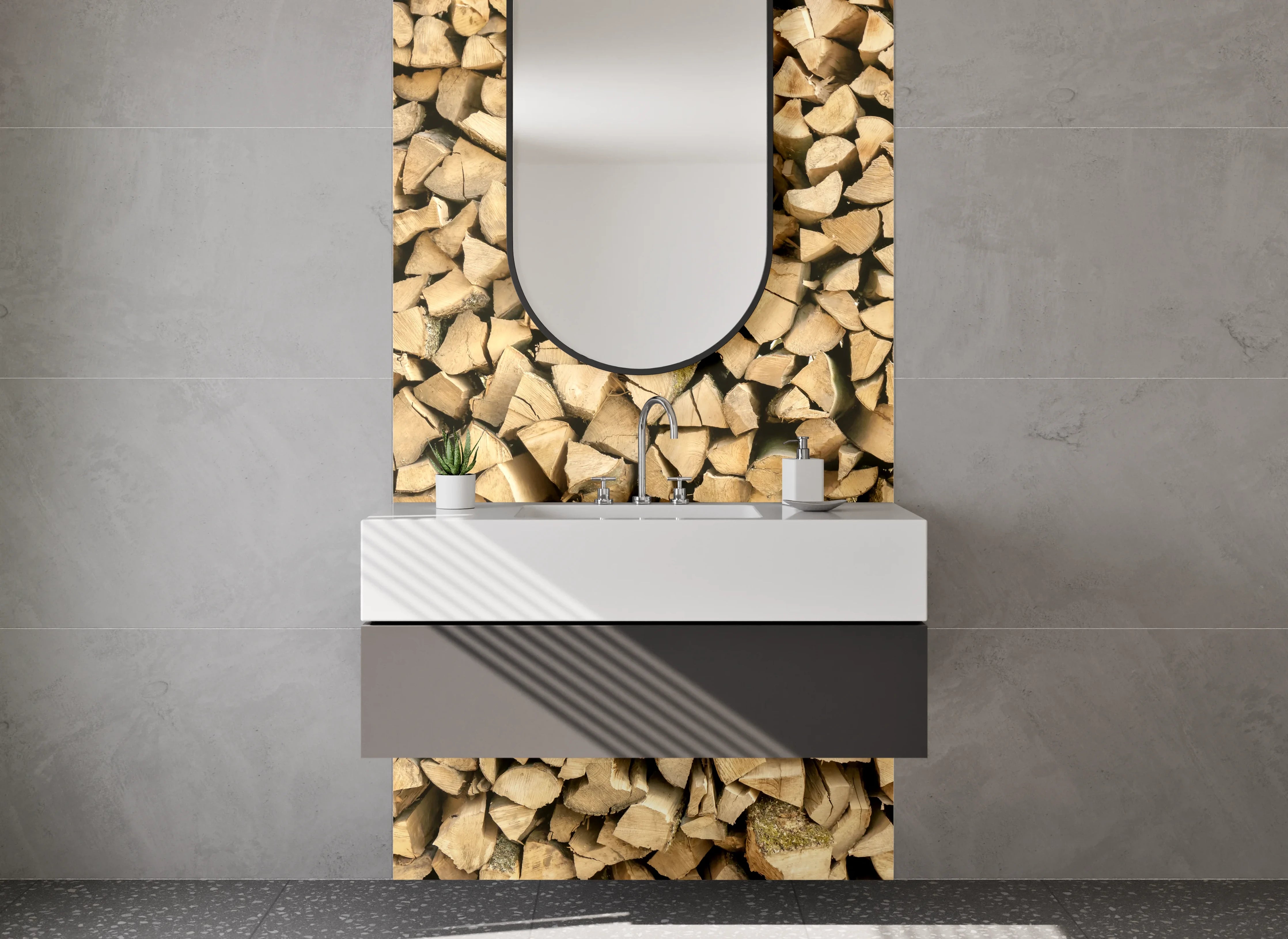 Waschbecken-Rückwand - Holzscheit Stapel Wandbild