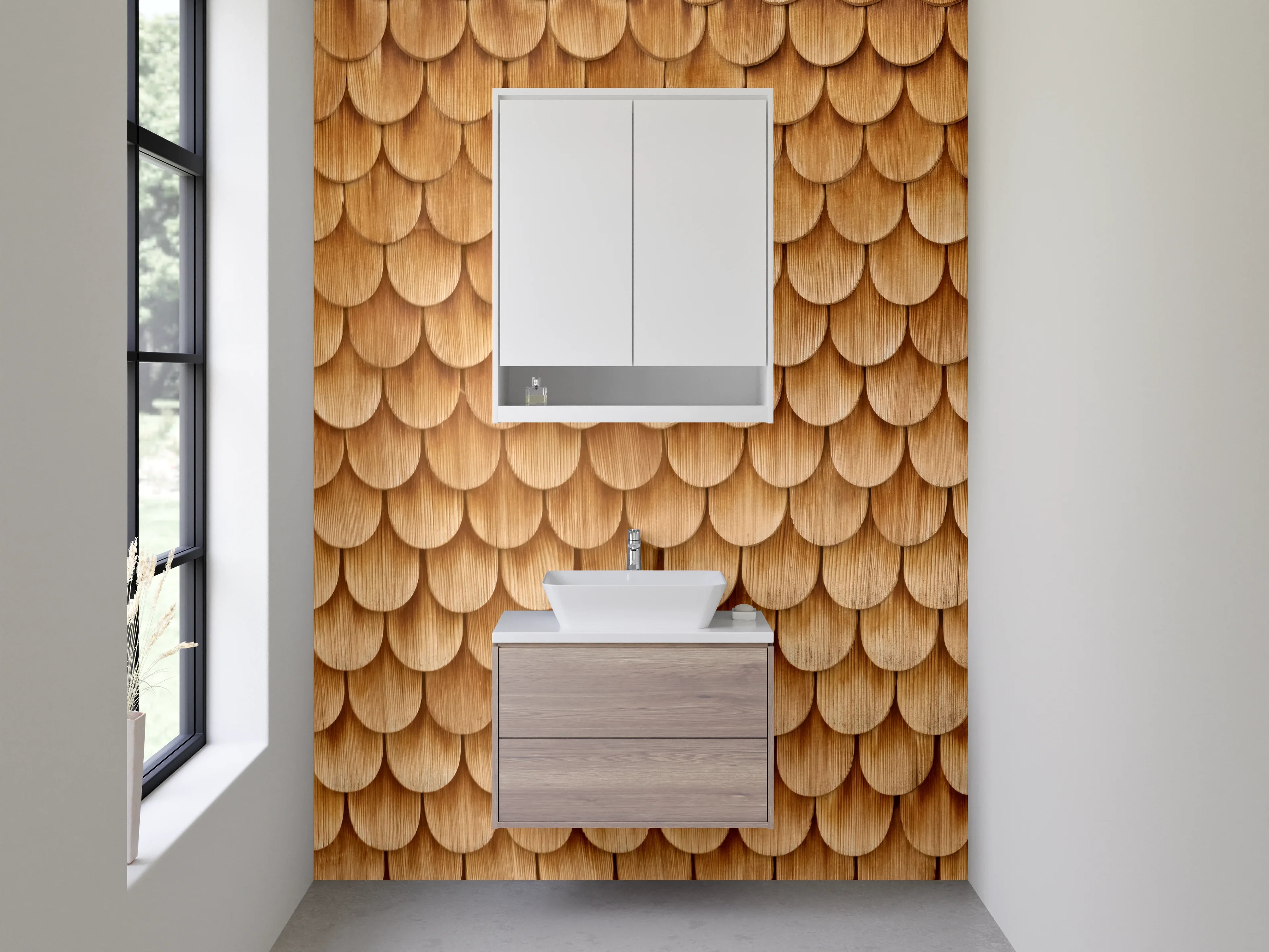 Waschbecken-Rückwand - Holzschindel Optik Naturbraun