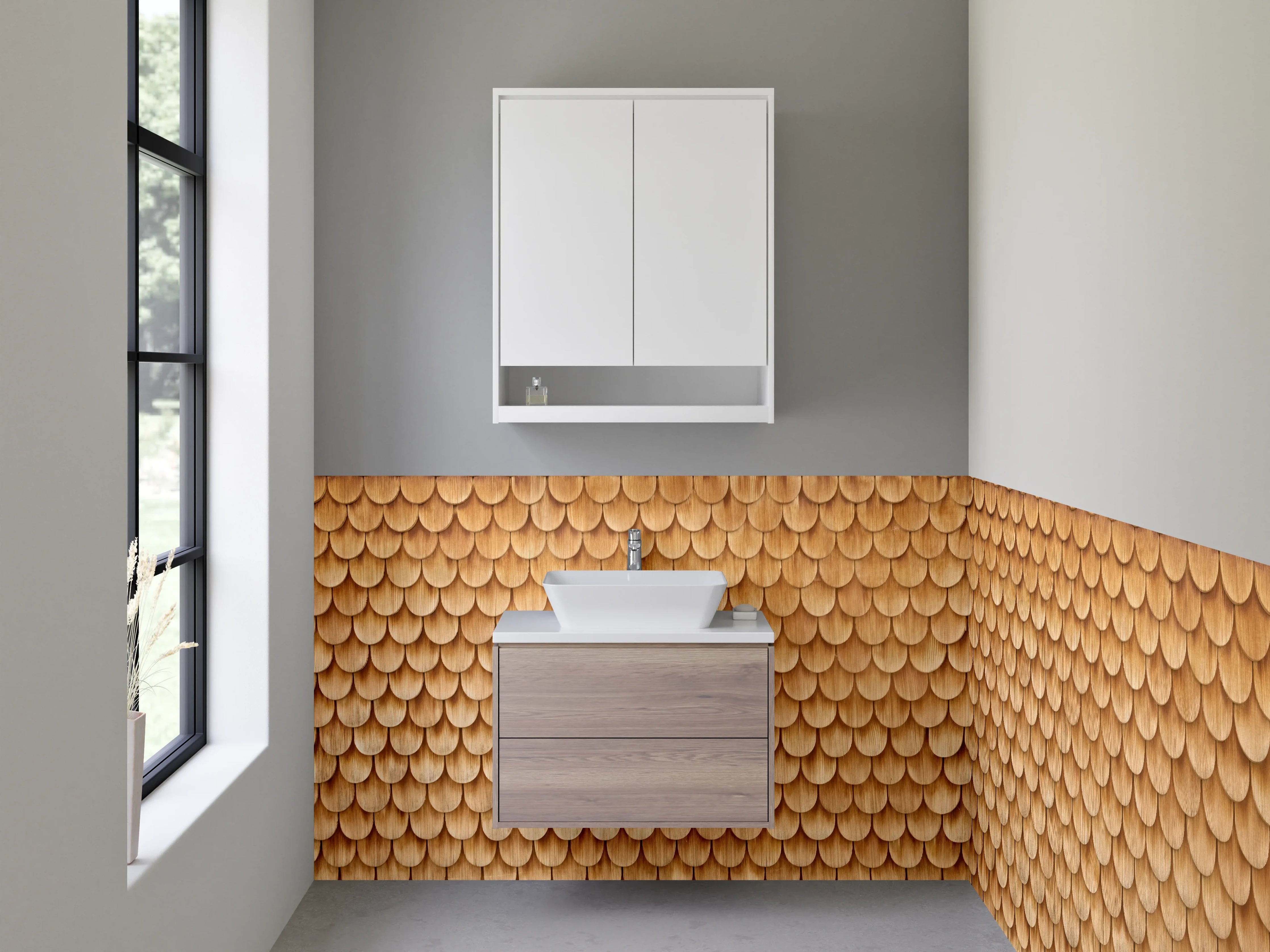 Waschbecken-Rückwand - Holzschindel Optik Naturbraun