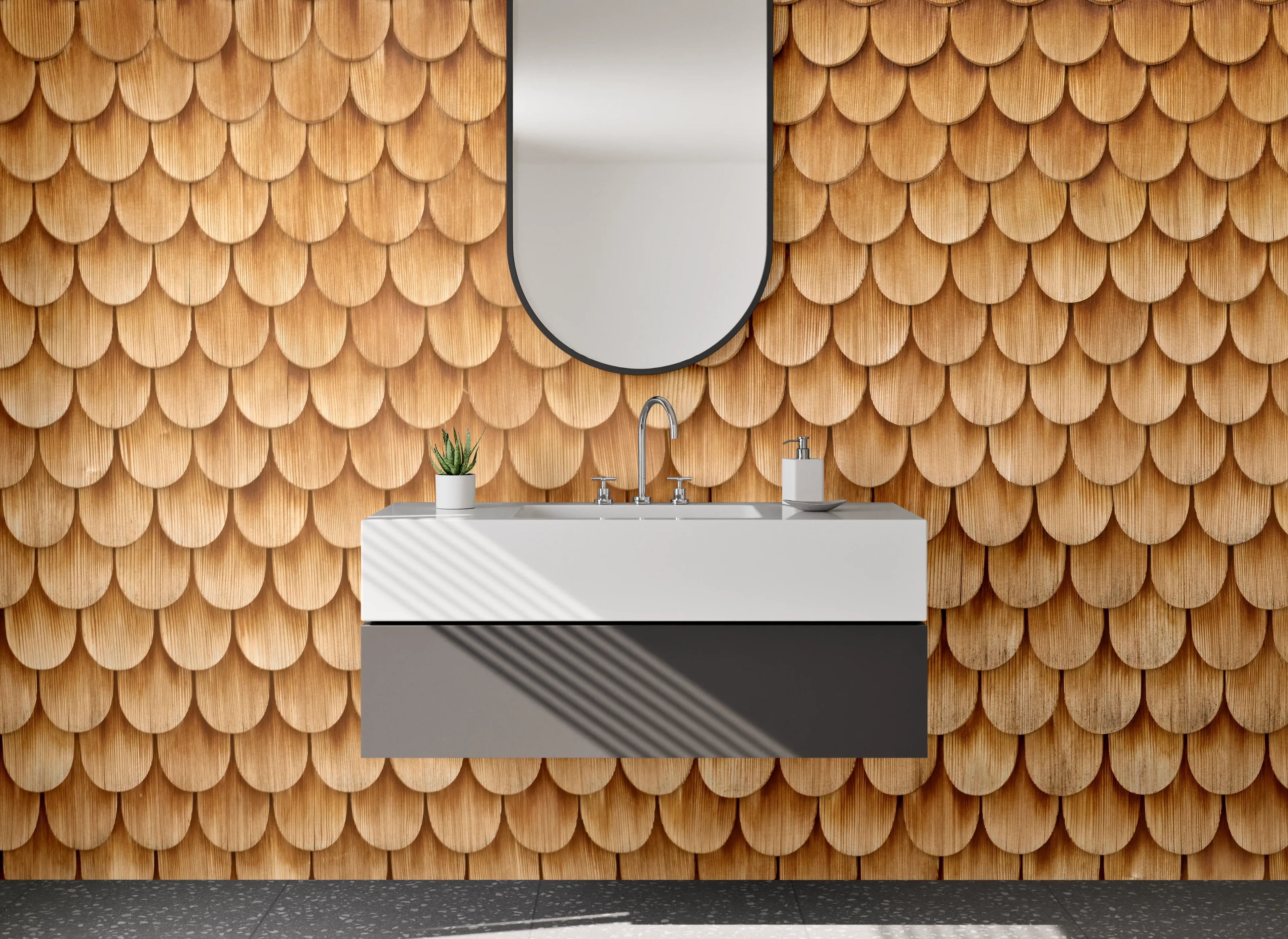 Waschbecken-Rückwand - Holzschindel Optik Naturbraun